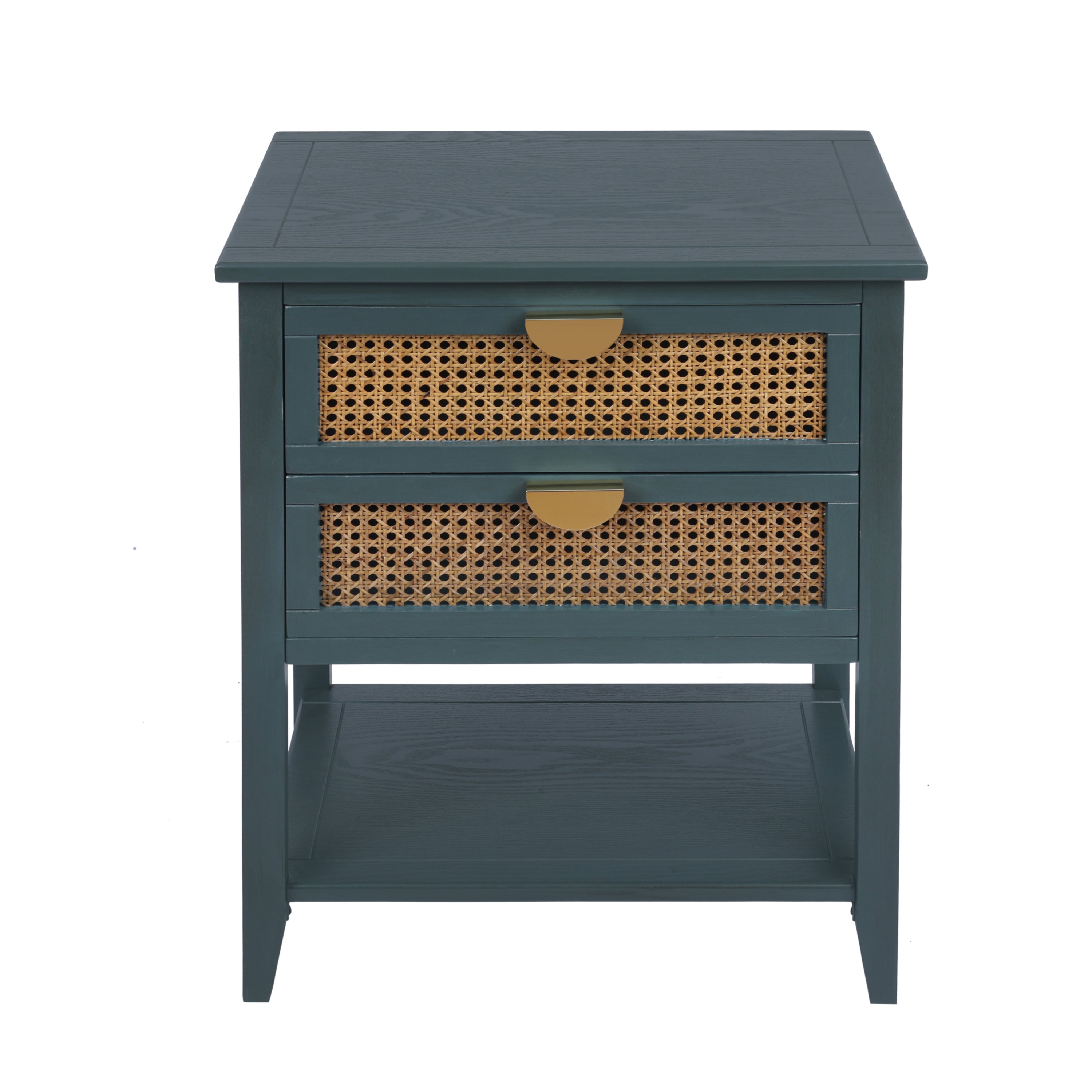 2-Drawer Side Table - Natural Rattan - End Table - Suitable for Bedroom, Living Room, or Study - Green MDF - Grand Goldman Shop
