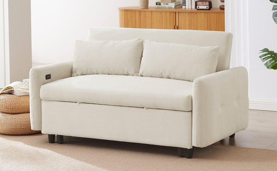 Modern Convertible Pull-out Sofa Bed with USB Ports and Pillows, Beige Corduroy, 57.48 inches - Grand Goldman Shop