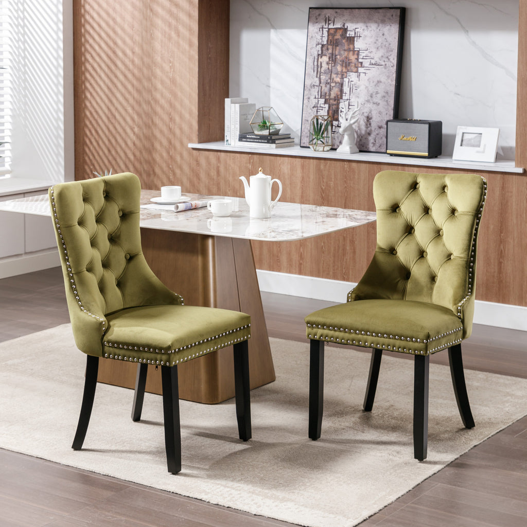 Nikki Collection Modern, High-end Tufted Solid Wood Contemporary Velvet Upholstered Dining Chair with Wood Legs Nailhead Trim 2-Pcs Set,Olive-Green,SW2001OL - Grand Goldman Shop
