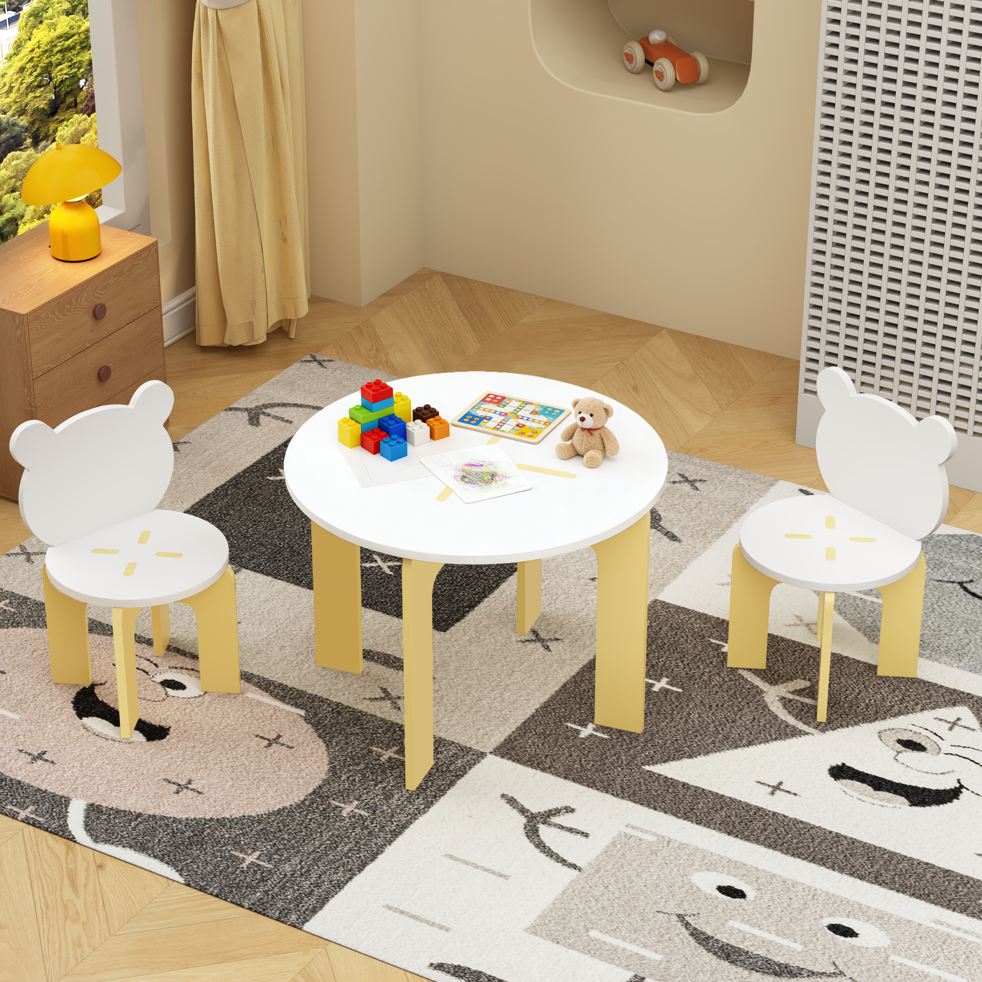 Kids Table and Chair Set, 3-Piece Toddler Table with 2 Chairs, Cute Bear-Back Chairs, Sturdy Wooden Activity Table Set for Ki