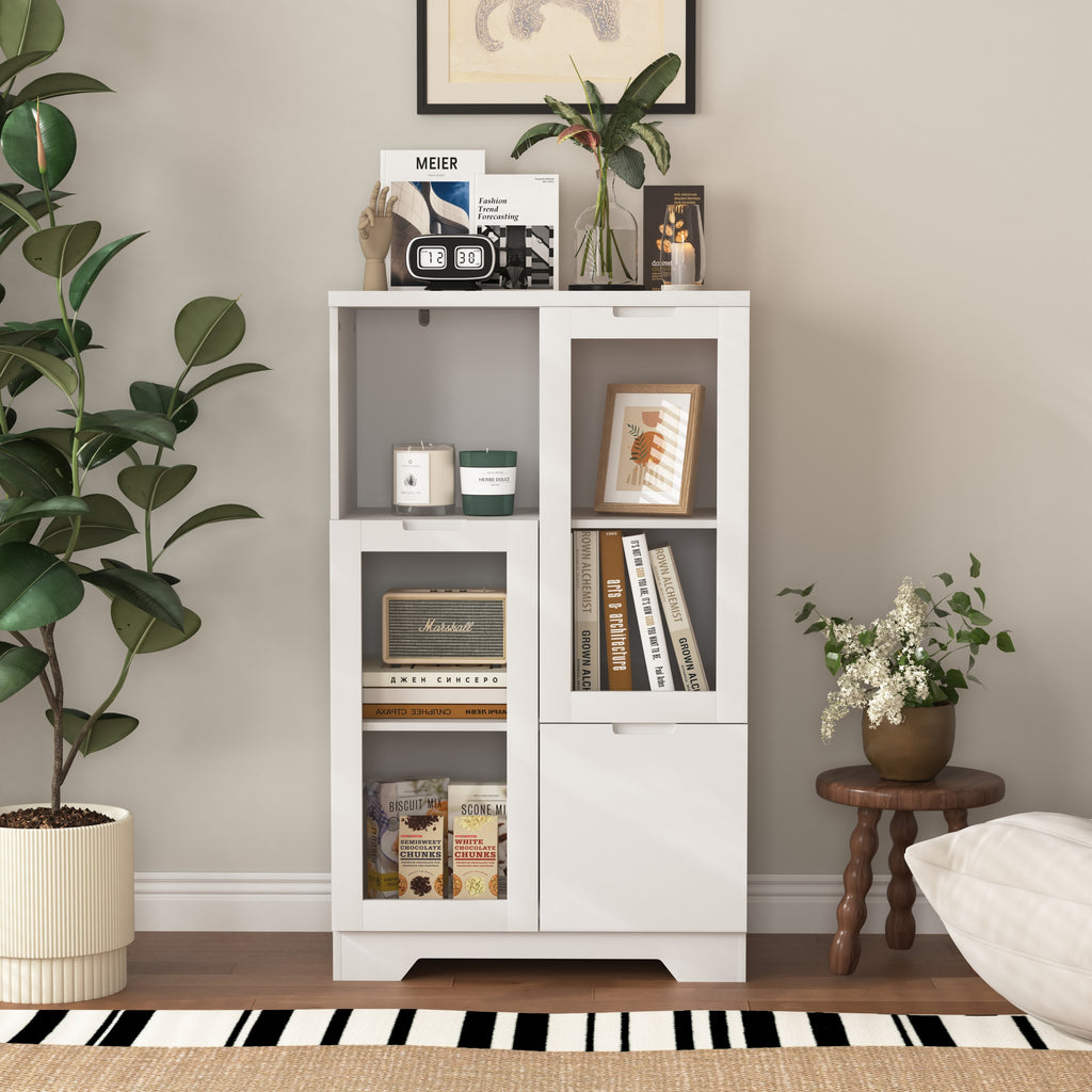 Modern MDF Painted Cabinet with Glass Doors and Drawer, White, for Bedroom and Living Room - Grand Goldman Shop