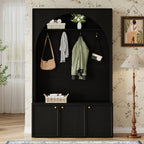 ON-TREND Farmhouse All-in-One Hall Tree with Adjustable Shelves, Retro Arched Entryway Storage Bench with 3 Cabinets, Wooden Coat Rack Organizer with 4 Golden Hooks for Mudroom, Hallway, Black - Grand Goldman Shop