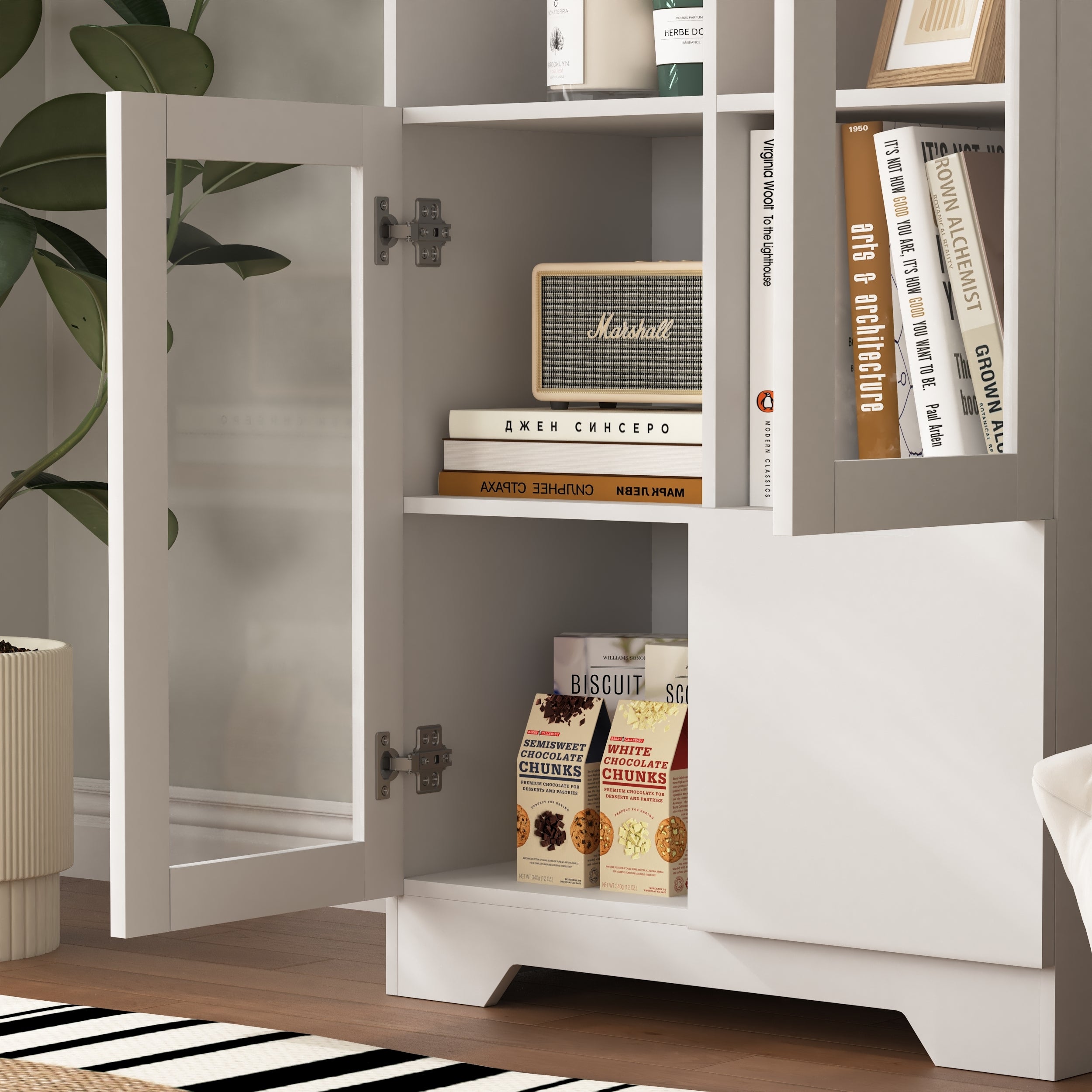 Modern MDF Painted Cabinet with Glass Doors and Drawer, White, for Bedroom and Living Room - Grand Goldman Shop
