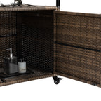 Outdoor Wicker Bar Cart, Patio Wine Serving Cart w/Wheels , Rolling Rattan Beverage Bar Counter Table w/Glass Top for Porch Backyard Garden Poolside Party, Light brown - Grand Goldman Shop