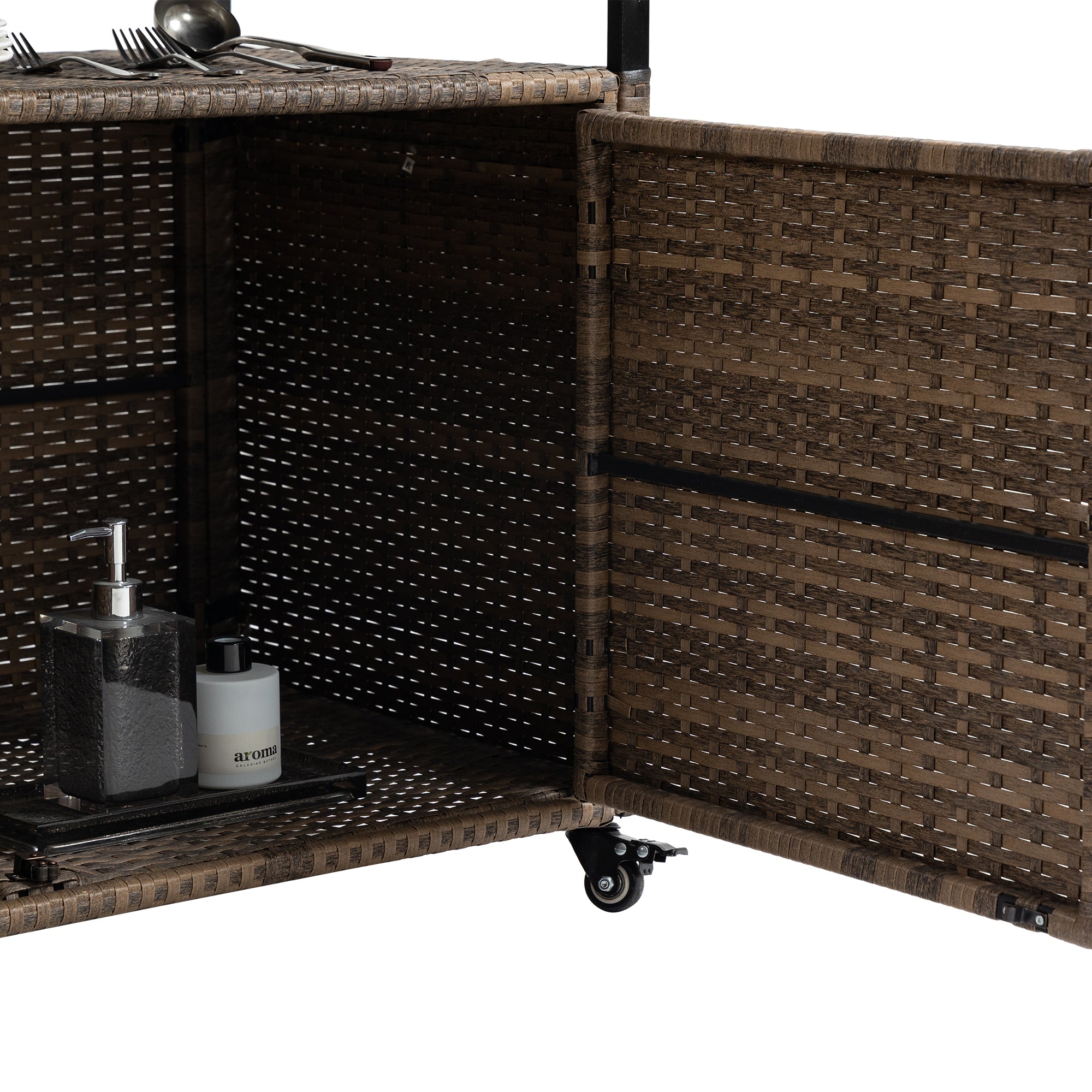 Outdoor Wicker Bar Cart, Patio Wine Serving Cart w/Wheels , Rolling Rattan Beverage Bar Counter Table w/Glass Top for Porch Backyard Garden Poolside Party, Light brown - Grand Goldman Shop