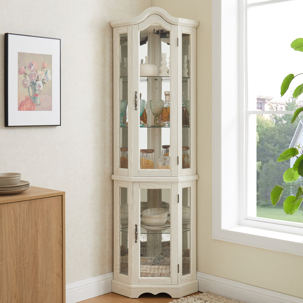 Curio Cabinet Lighted Glass Display Curio Cabinet w/Tempered Glass Doors and Shelves, Crown Corner Cabinet with Bulb, Corner Storage Decoration for Living room and Bedroom WHI - Grand Goldman Shop