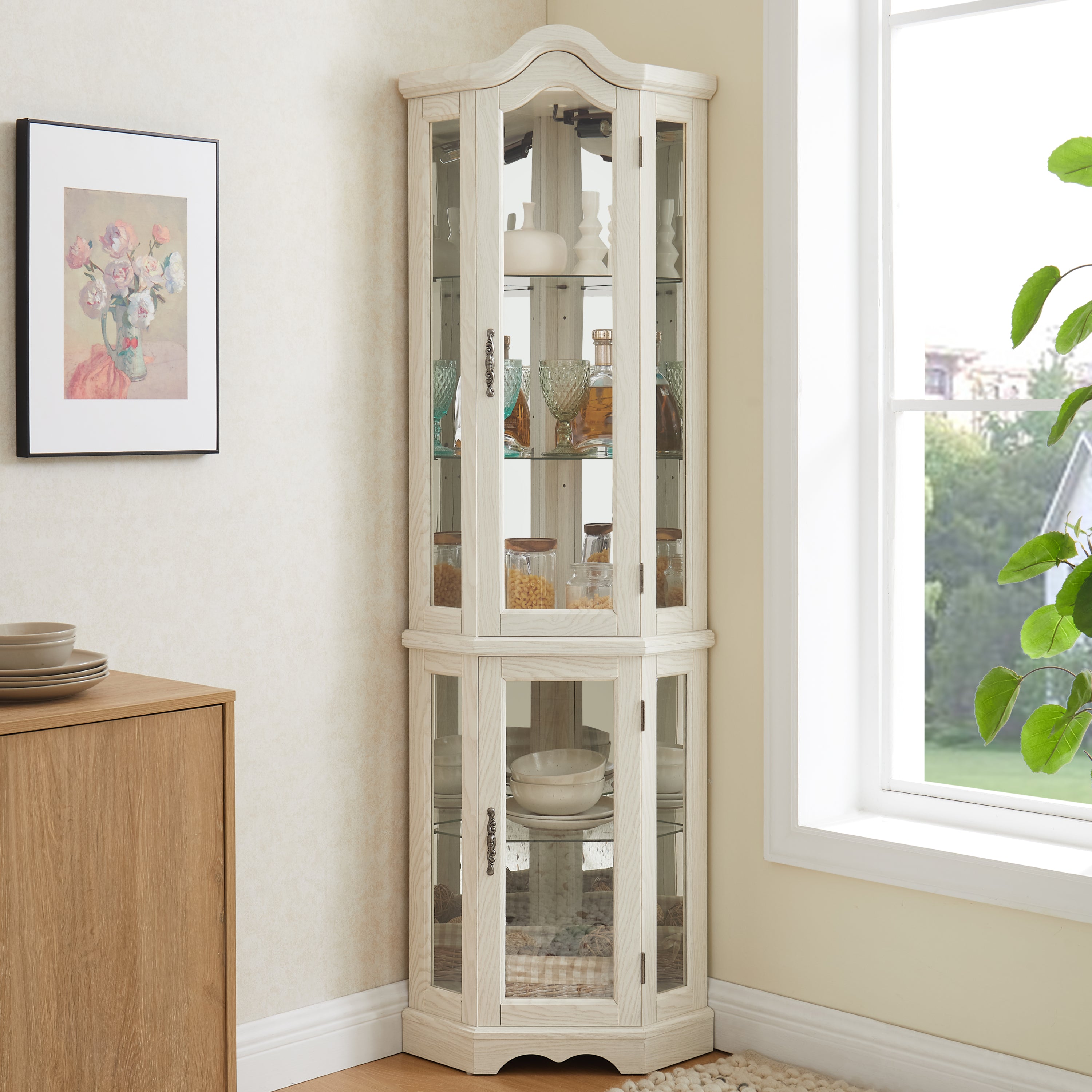 Curio Cabinet Lighted Glass Display Curio Cabinet w/Tempered Glass Doors and Shelves, Crown Corner Cabinet with Bulb, Corner Storage Decoration for Living room and Bedroom WHI - Grand Goldman Shop