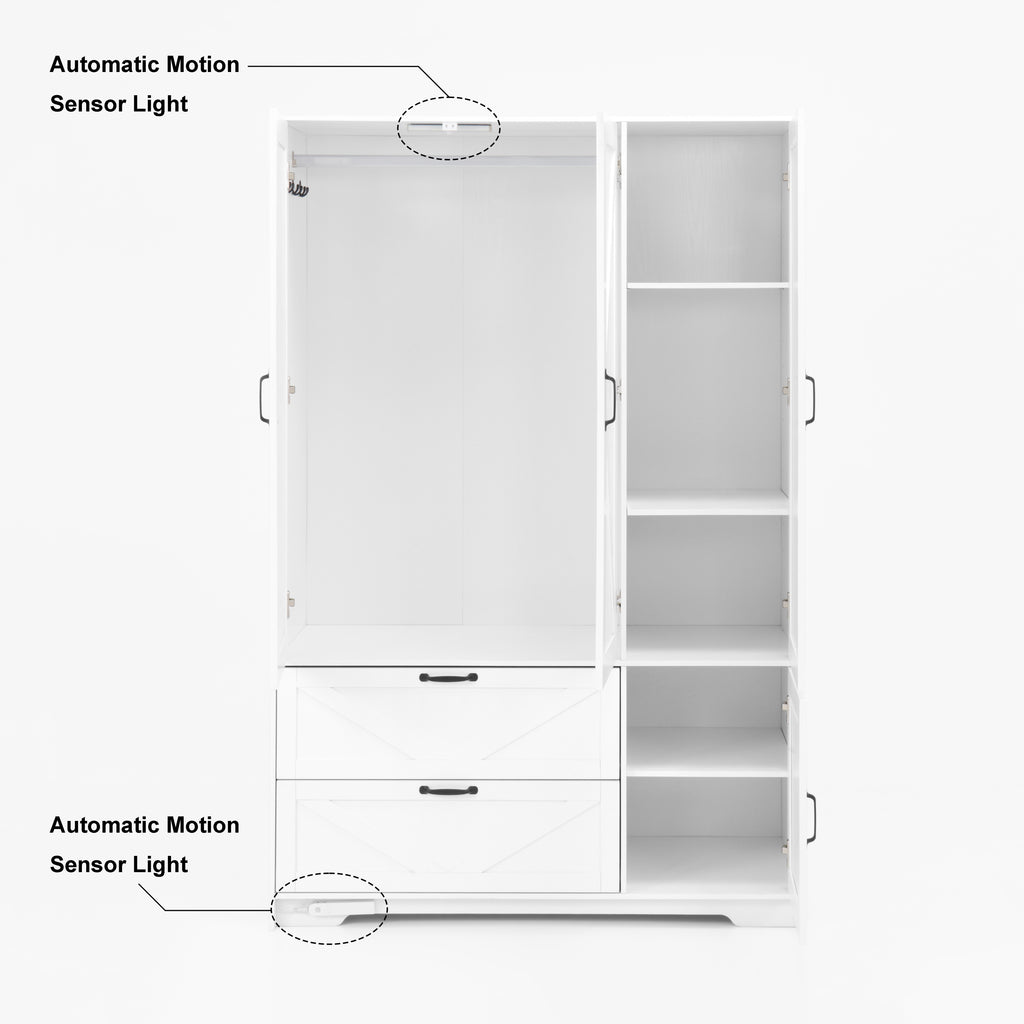 4 Doors Wardrobe Closet with Mirror, LED Wardrobe with Doors and 2 Drawers, Wooden Wardrobe Storage Cabinet with Hanging Rod, Adjustable Shelves, White - Grand Goldman Shop