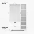 4 Doors Wardrobe Closet with Mirror, LED Wardrobe with Doors and 2 Drawers, Wooden Wardrobe Storage Cabinet with Hanging Rod, Adjustable Shelves, White - Grand Goldman Shop