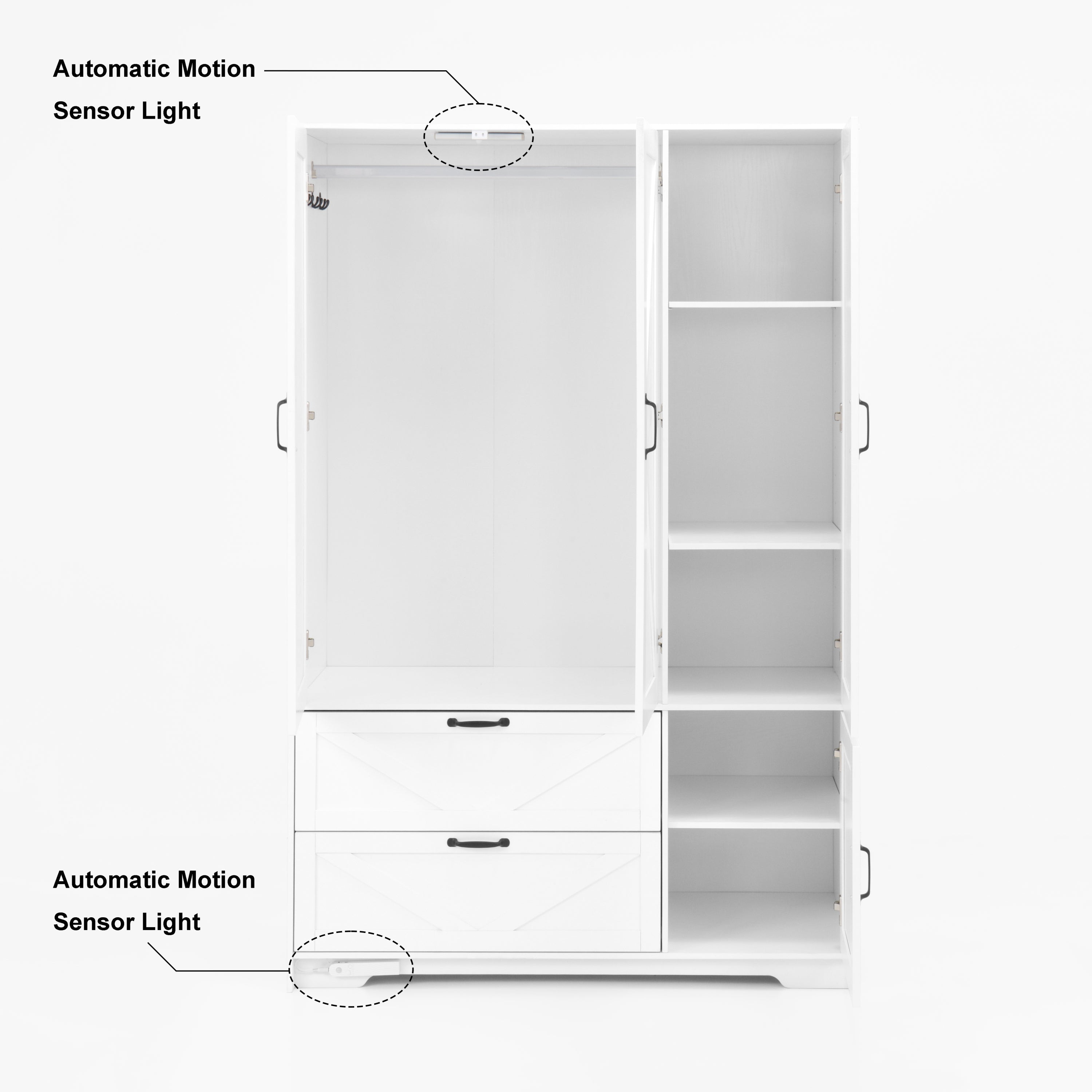 4 Doors Wardrobe Closet with Mirror, LED Wardrobe with Doors and 2 Drawers, Wooden Wardrobe Storage Cabinet with Hanging Rod, Adjustable Shelves, White - Grand Goldman Shop