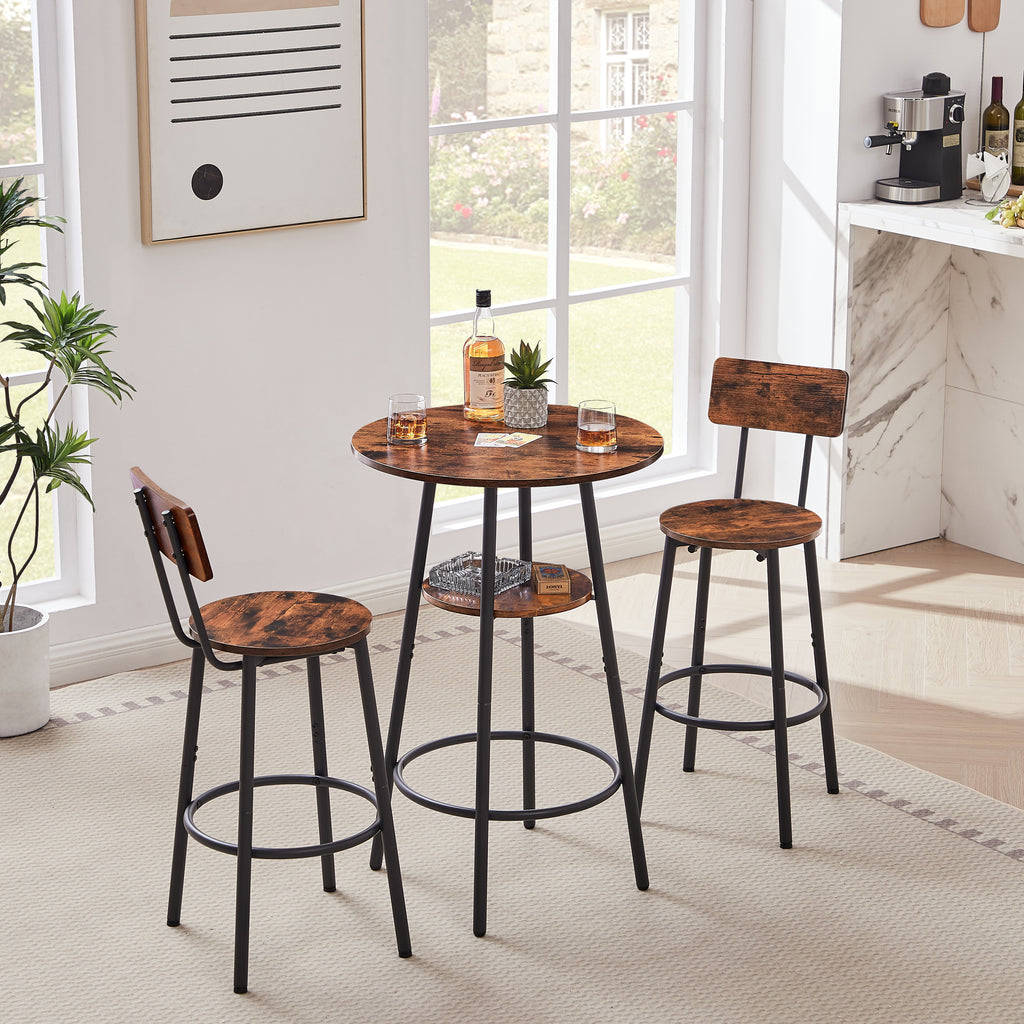Round bar stool set with shelves, stool with backrest Rustic Brown, 23.6'' Dia x 35.4'' H - Grand Goldman Shop