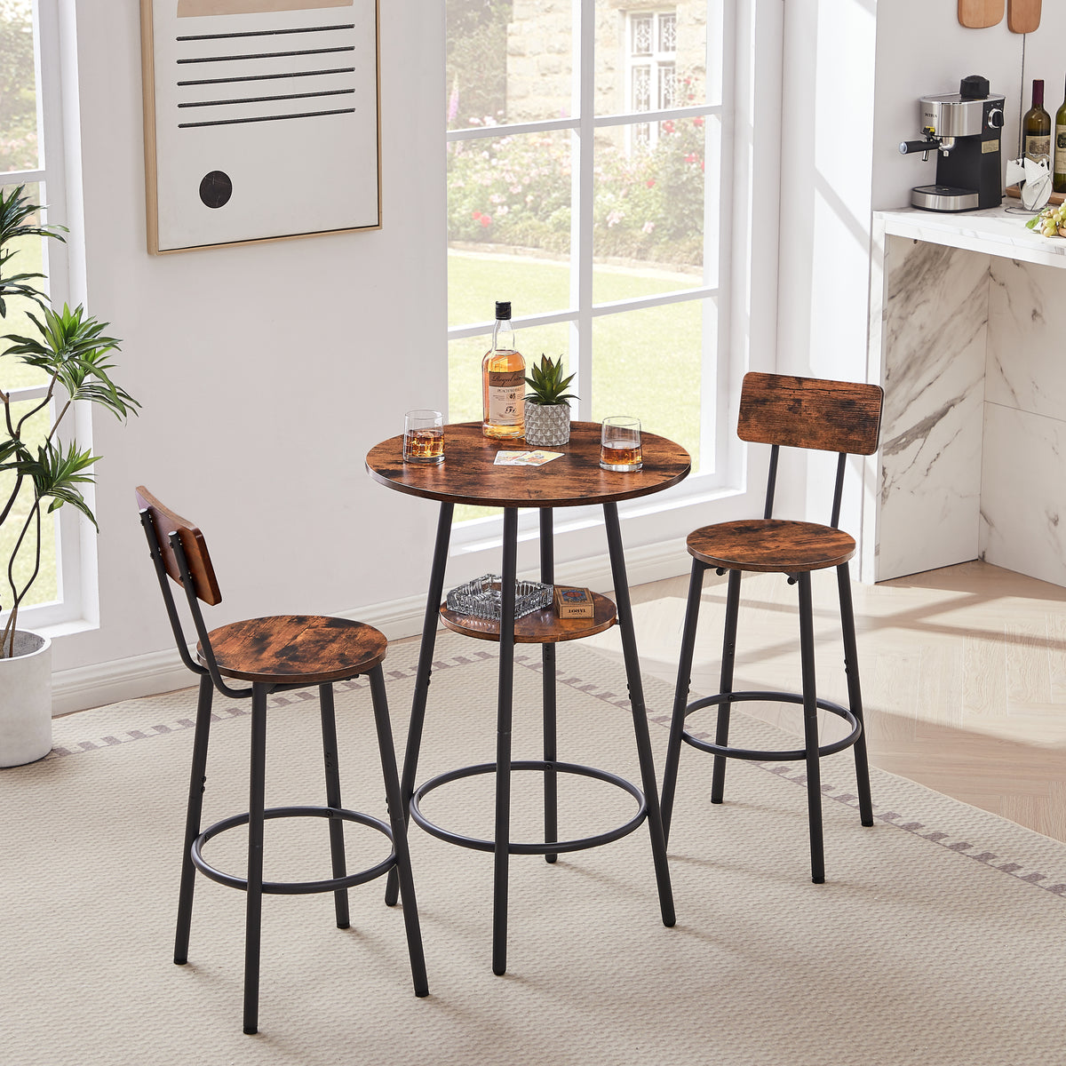 Round bar stool set with shelves, stool with backrest Rustic Brown, 23.6'' Dia x 35.4'' H - Grand Goldman Shop