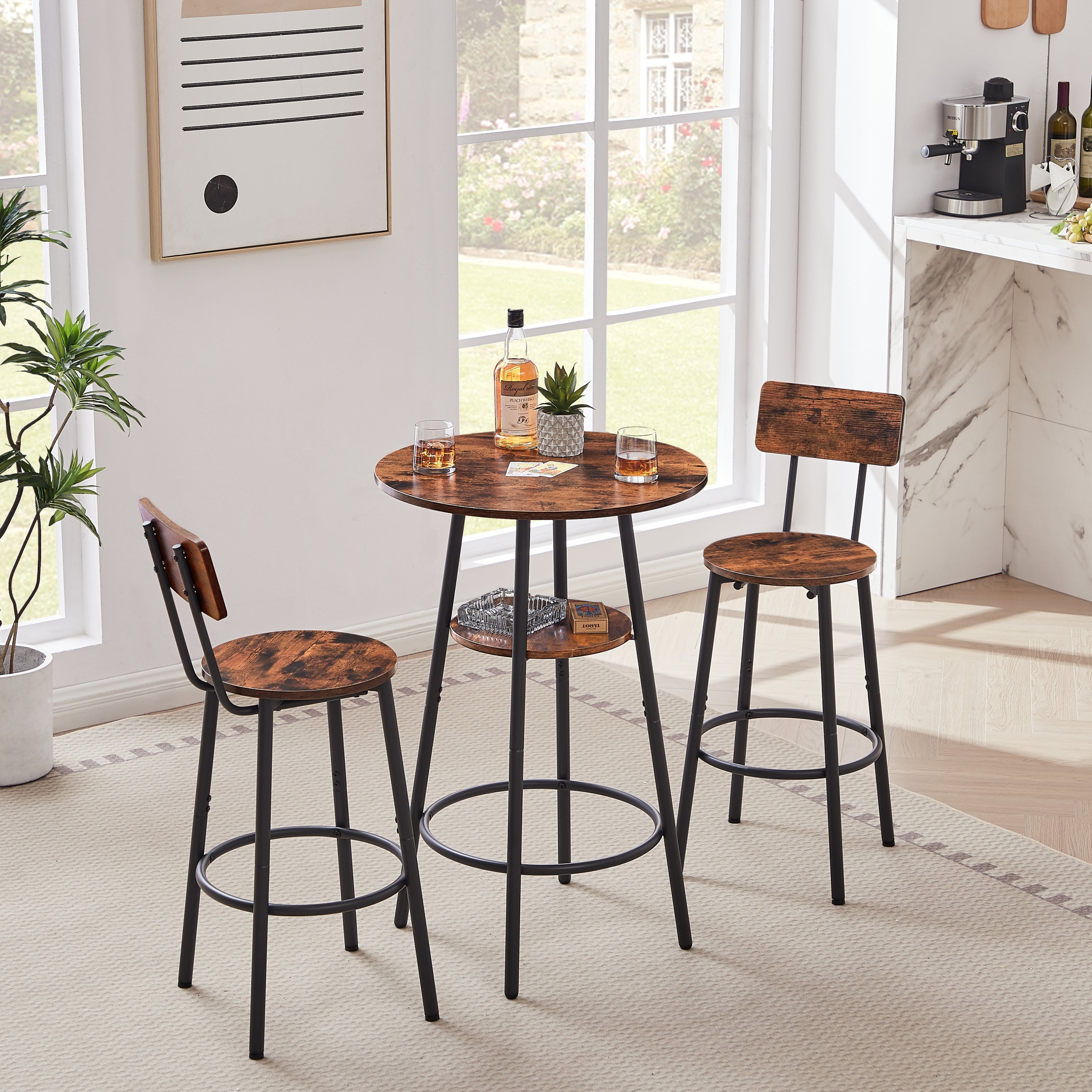 Round bar stool set with shelves, stool with backrest Rustic Brown, 23.6'' Dia x 35.4'' H - Grand Goldman Shop