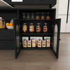 Retro Kitchen Island with Extendable Rotating Table, Black Marble Veneer on MDF, 4 Drawers & Glass Door Cabinets, Built-in Socket, Fits 2-4 People - Grand Goldman Shop