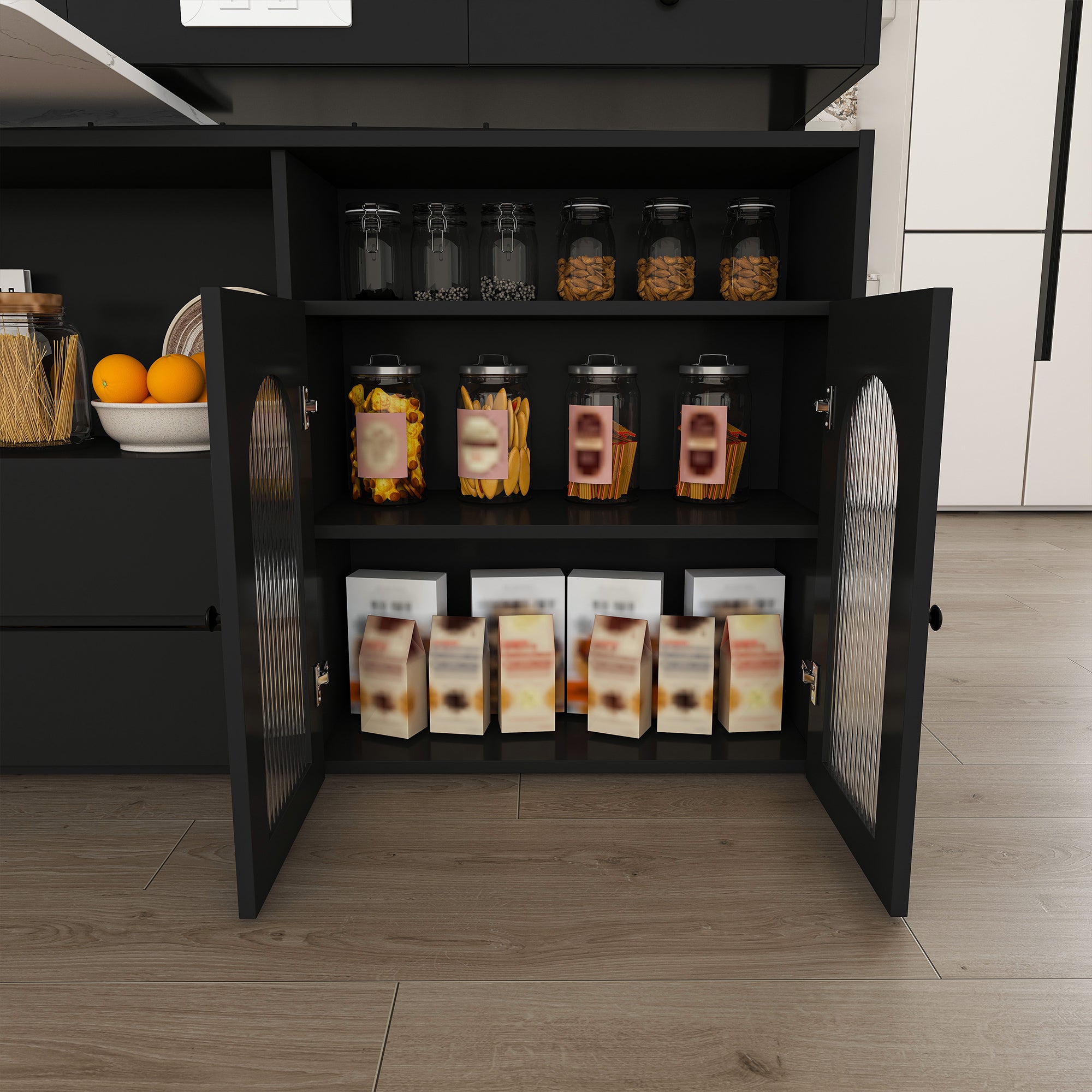 Retro Kitchen Island with Extendable Rotating Table, Black Marble Veneer on MDF, 4 Drawers & Glass Door Cabinets, Built-in Socket, Fits 2-4 People - Grand Goldman Shop