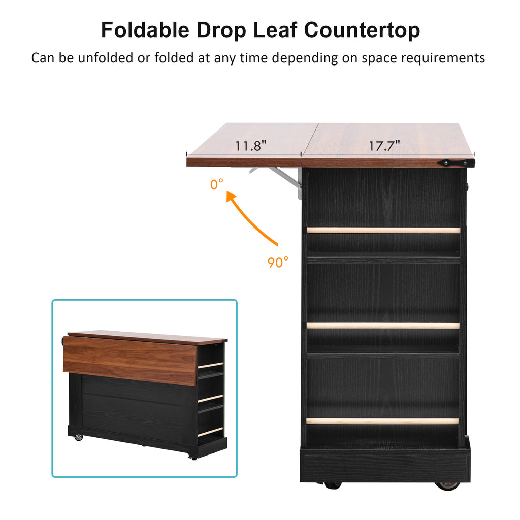 K&K 53'' Farmhouse Kitchen Island with Two Tempered Glass Cabinet Doors, Power Outlet, Rolling Kitchen Cart on Wheels with Drop Leaf, 5 Open Side Racks, 3 Drawers, for Kitchen, Dining Room, Black - Grand Goldman Shop
