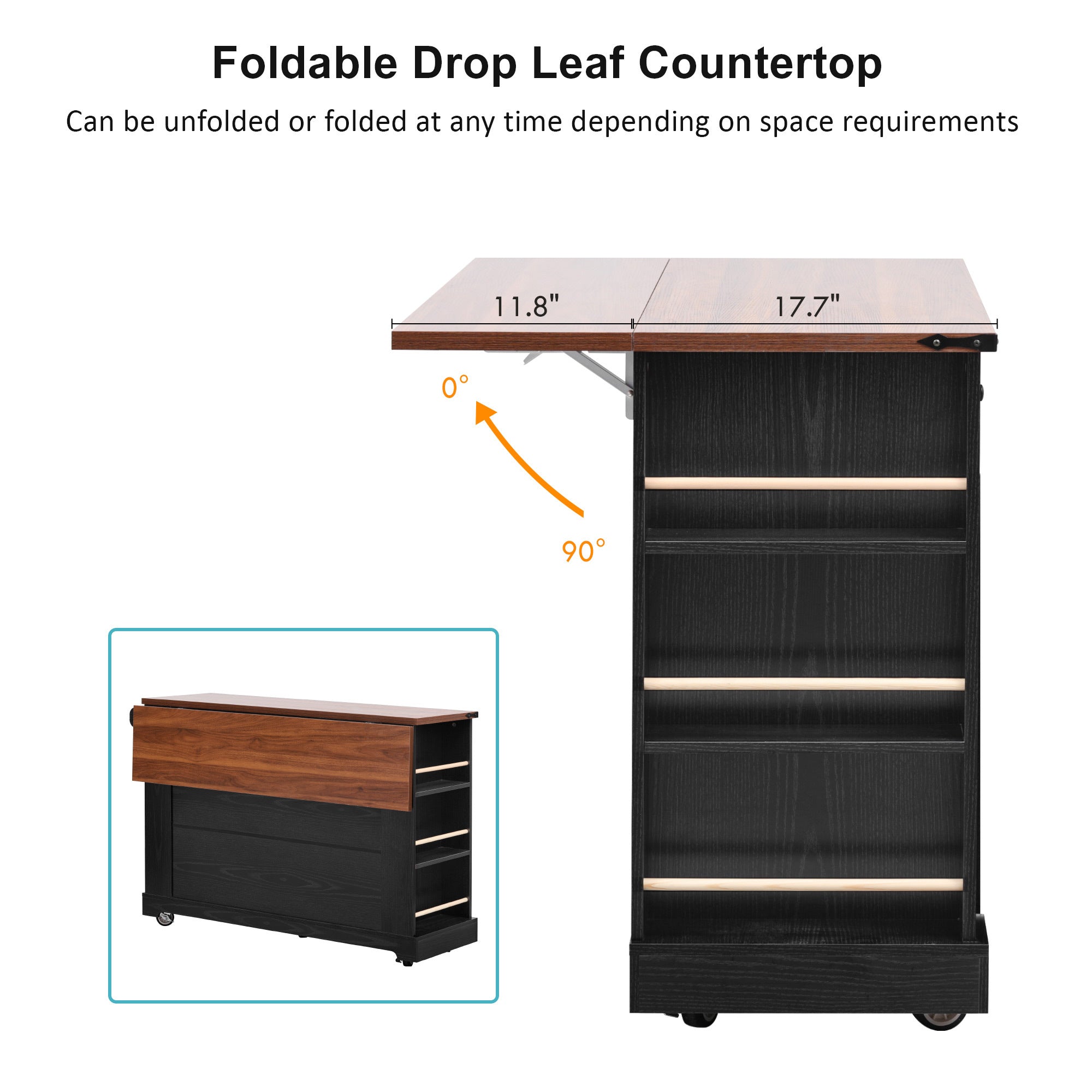 K&K 53'' Farmhouse Kitchen Island with Two Tempered Glass Cabinet Doors, Power Outlet, Rolling Kitchen Cart on Wheels with Drop Leaf, 5 Open Side Racks, 3 Drawers, for Kitchen, Dining Room, Black - Grand Goldman Shop