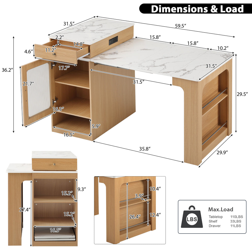 K&K 59.5'Kitchen Island with Extendable Dining Table, Kitchen Storage Table with Double-sided Storage, Kitchen Island with 2 Drawers, Power Outlet, Side Open Shelves, for Kitchen, Dining Room, Natural - Grand Goldman Shop