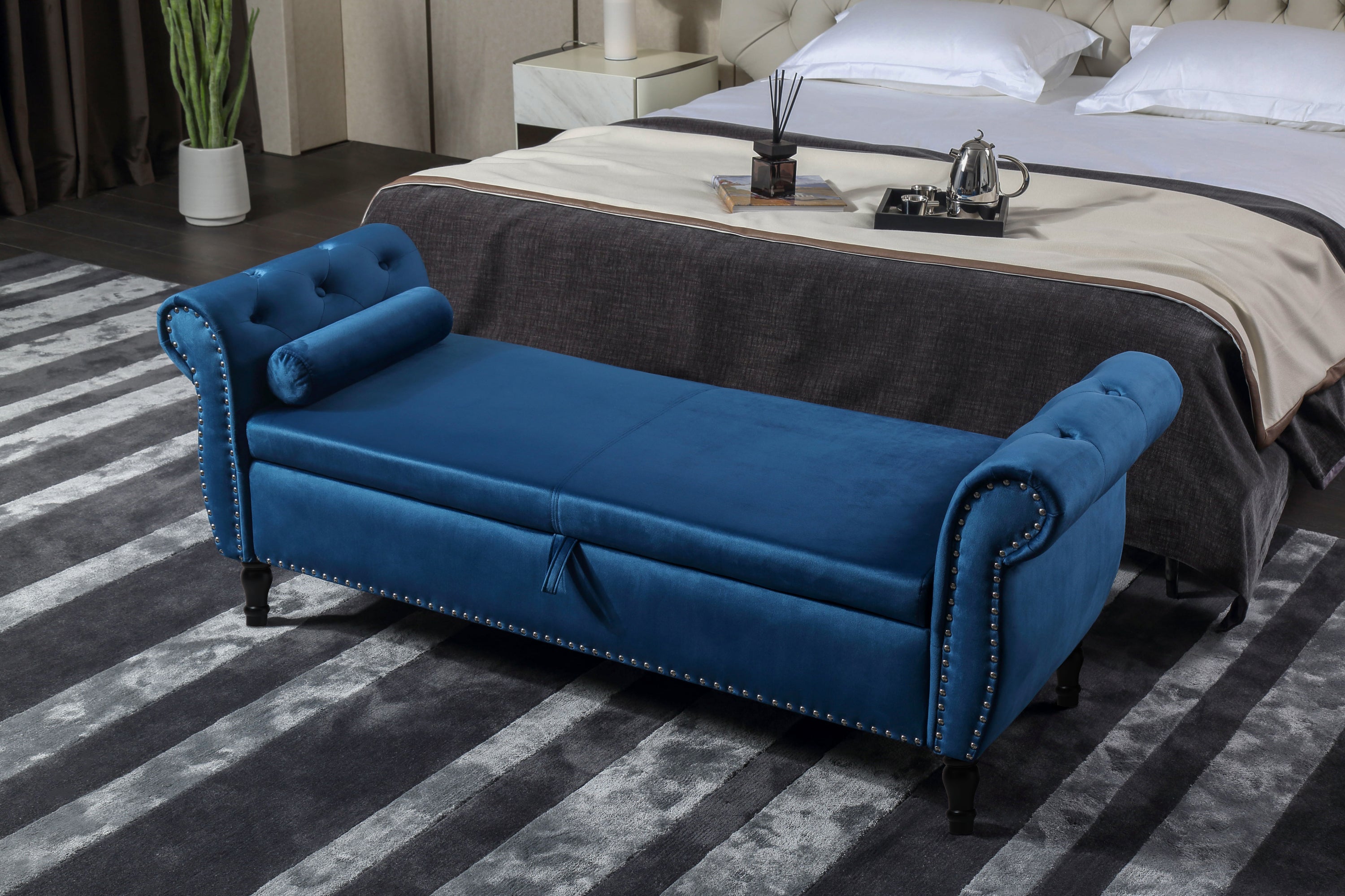 Aijia 63' Velvet Multifunctional Storage Bench Rectangular Sofa Stool Buttons Tufted Nailhead Trimmed Ottoman Solid Wood Legs with 1 Pillow,Blue - Grand Goldman Shop