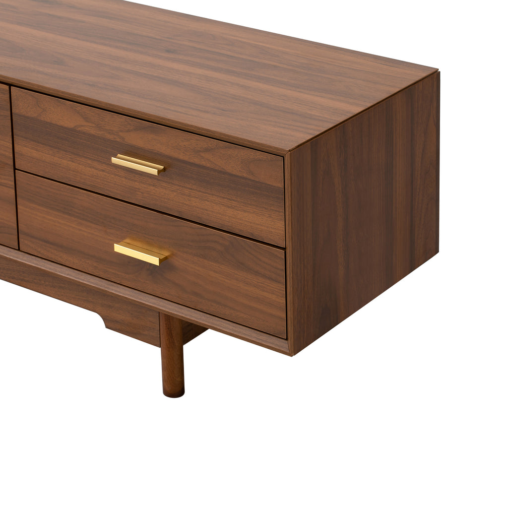Modern TV Stand for 75-85 inch TVs with Fluted Glass Doors, 2 Drawers, Walnut Solid Wood Legs, 78.7'' L - Grand Goldman Shop