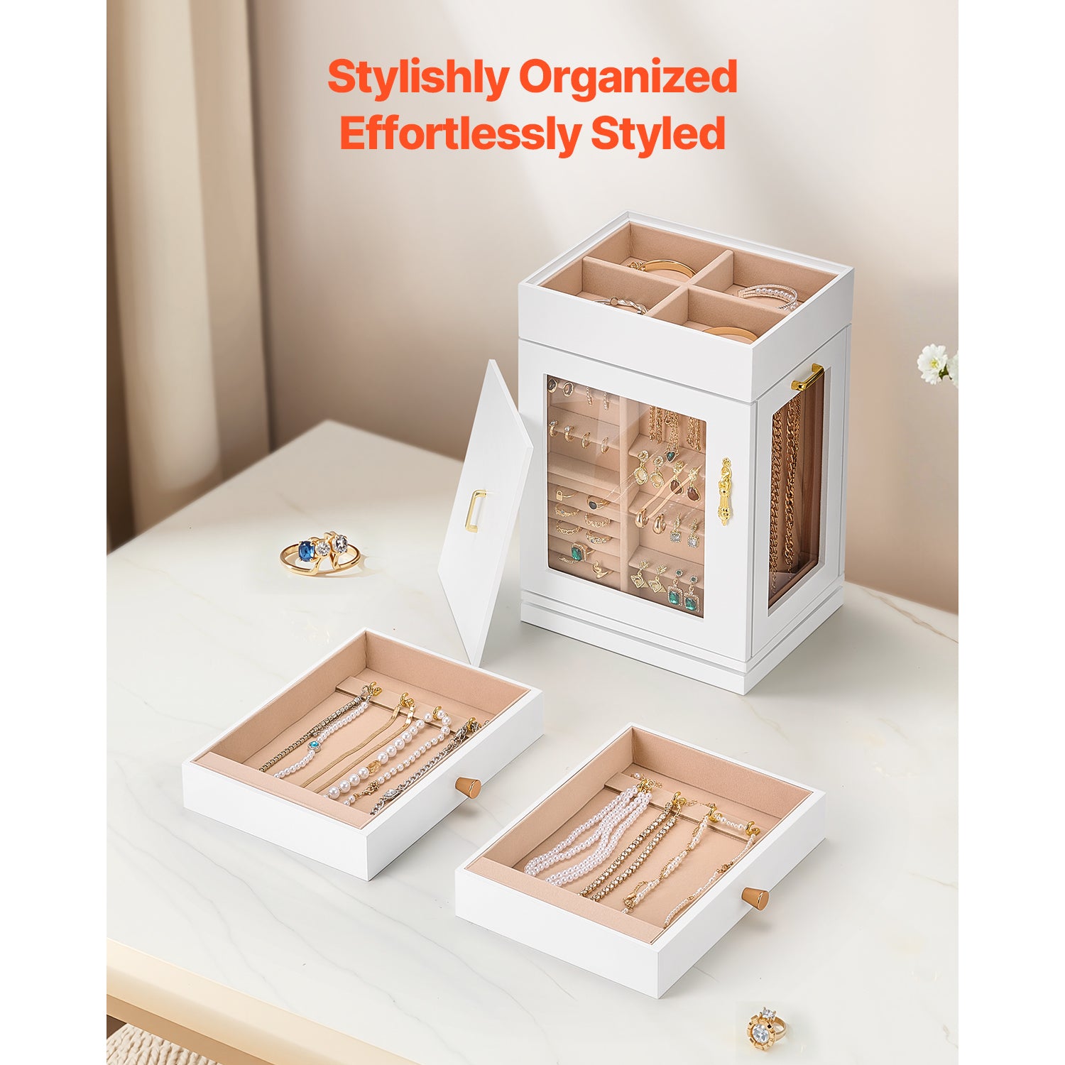 Jewelry Box 360° Rotating Jewelry Organizer with Built-in 4 Necklace Hooks White - Grand Goldman Shop