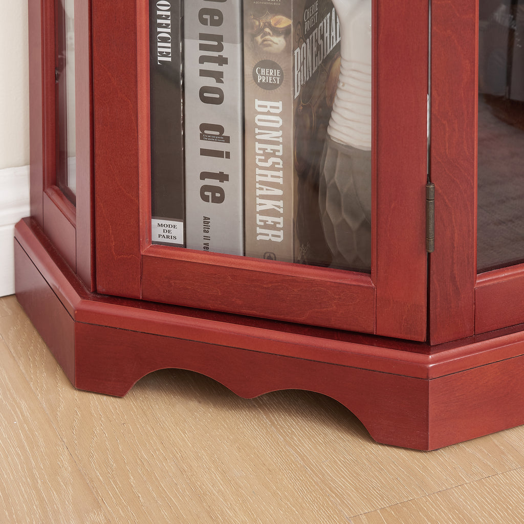Curio Cabinet Lighted Glass Display Curio Cabinet w/Tempered Glass Doors and Shelves, Crown Corner Cabinet with Bulb, Corner Storage Decoration for Living room and Bedroom Cherry - Grand Goldman Shop