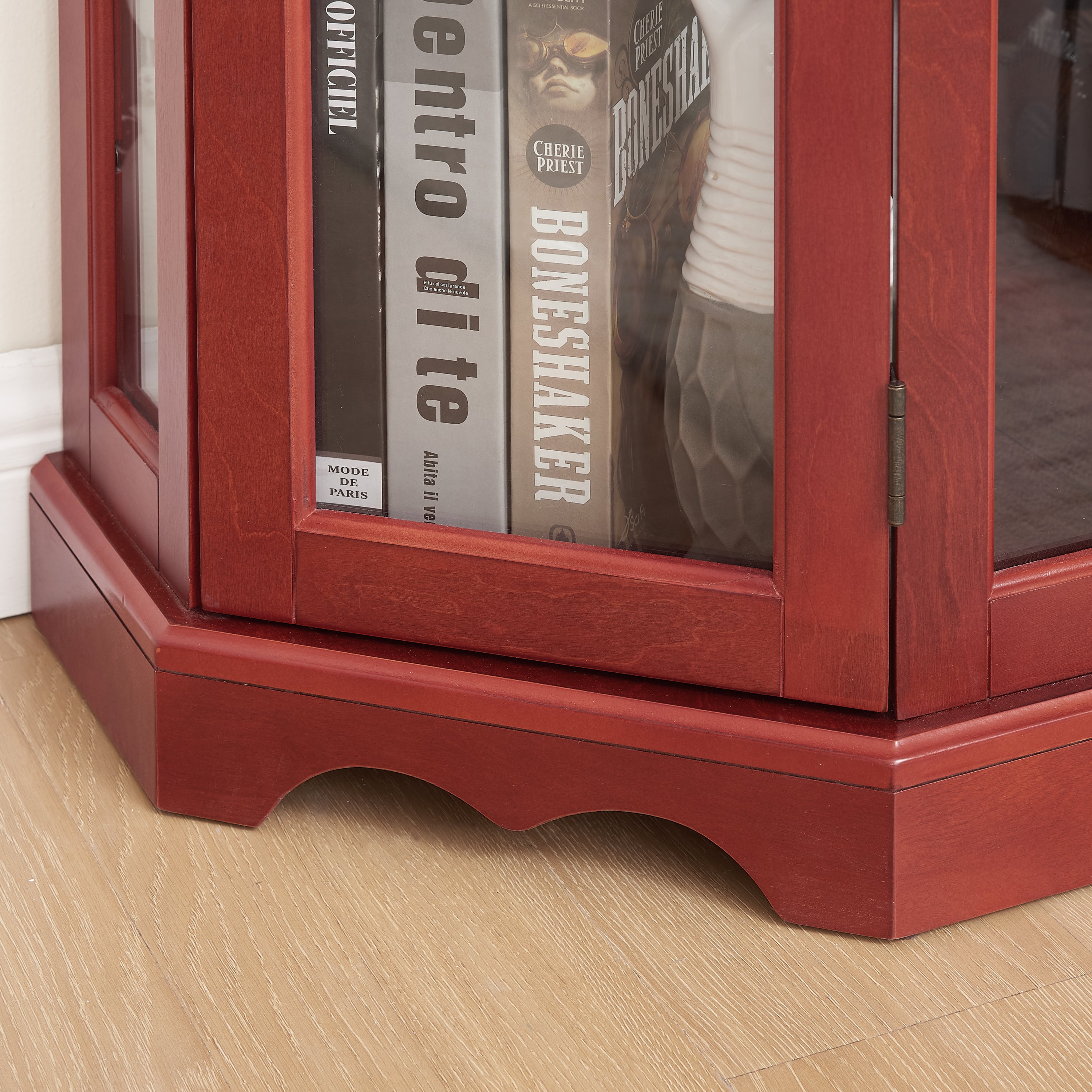 Curio Cabinet Lighted Glass Display Curio Cabinet w/Tempered Glass Doors and Shelves, Crown Corner Cabinet with Bulb, Corner Storage Decoration for Living room and Bedroom Cherry - Grand Goldman Shop