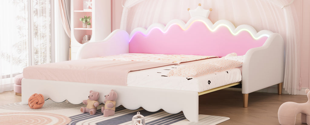 Twin Extending Daybed with LED Lights, Modern Upholstered Princess Daybed With Crown Headboard,White - Grand Goldman Shop
