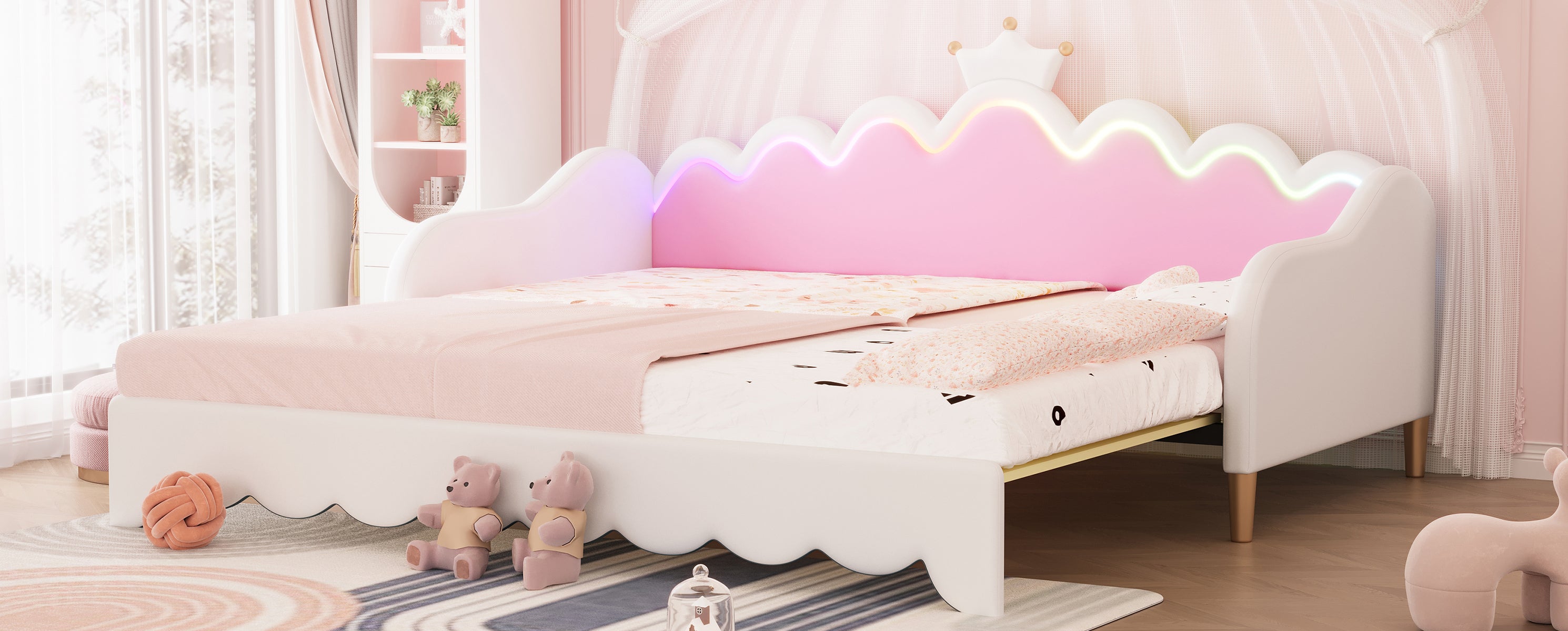 Twin Extending Daybed with LED Lights, Modern Upholstered Princess Daybed With Crown Headboard,White - Grand Goldman Shop