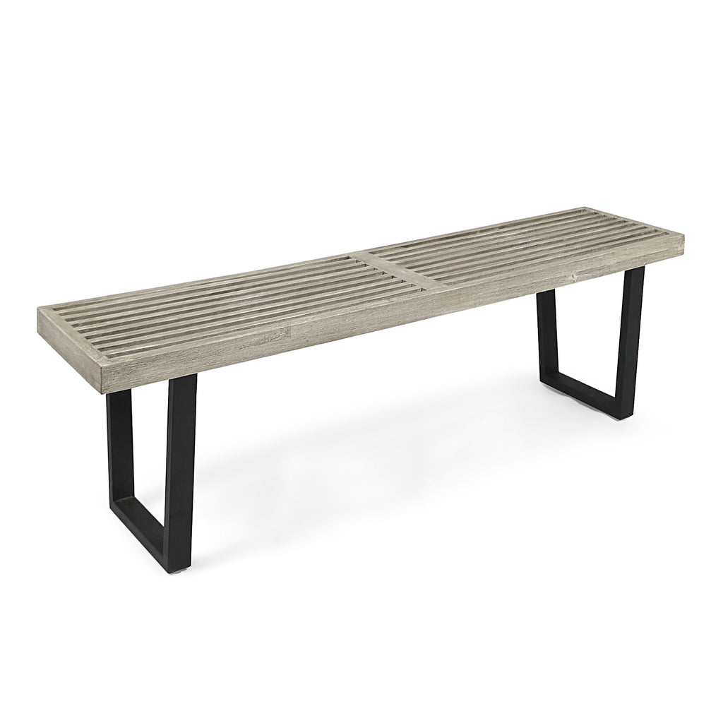 Intrinsic Outdoor Dining Bench with Iron Legs and Slat Top, Black+ Gray - Grand Goldman Shop