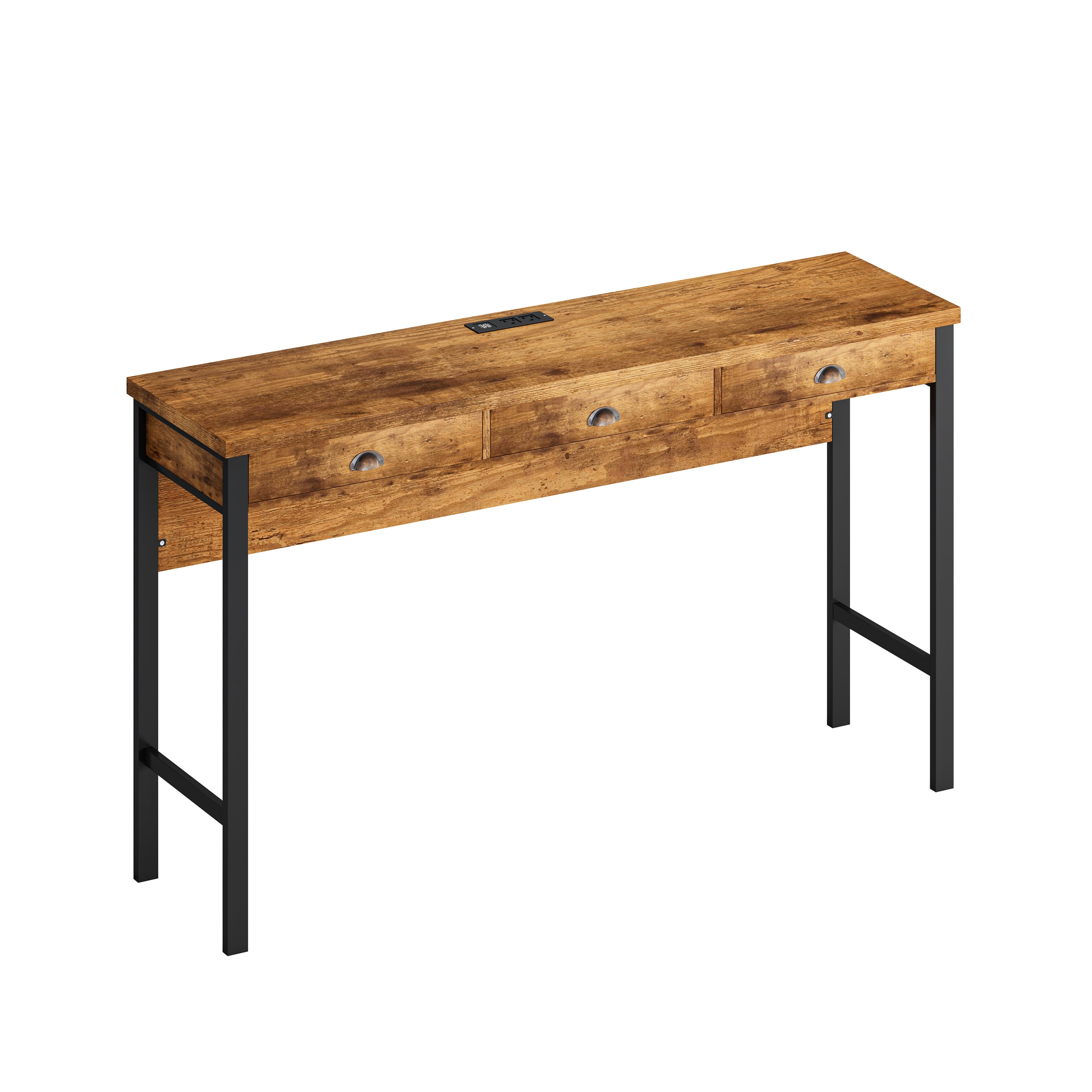 3-Drawer Long Dining Table Set with Power Outlets, Bar Kitchen Table Set with Circular PU Stools, Easy Assemble,Brown - Grand Goldman Shop
