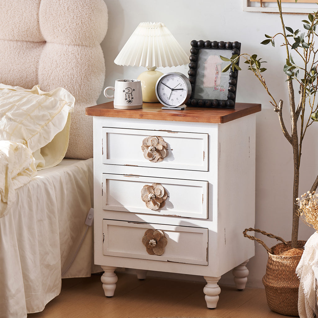 Vintage Farmhouse End Table with Floral Knobs – 19' Rustic Nightstand with 3 Drawers & Gourd Legs,Bedside or Sofa Accent Table, Almost Fully Assembled, Distressed White - Grand Goldman Shop