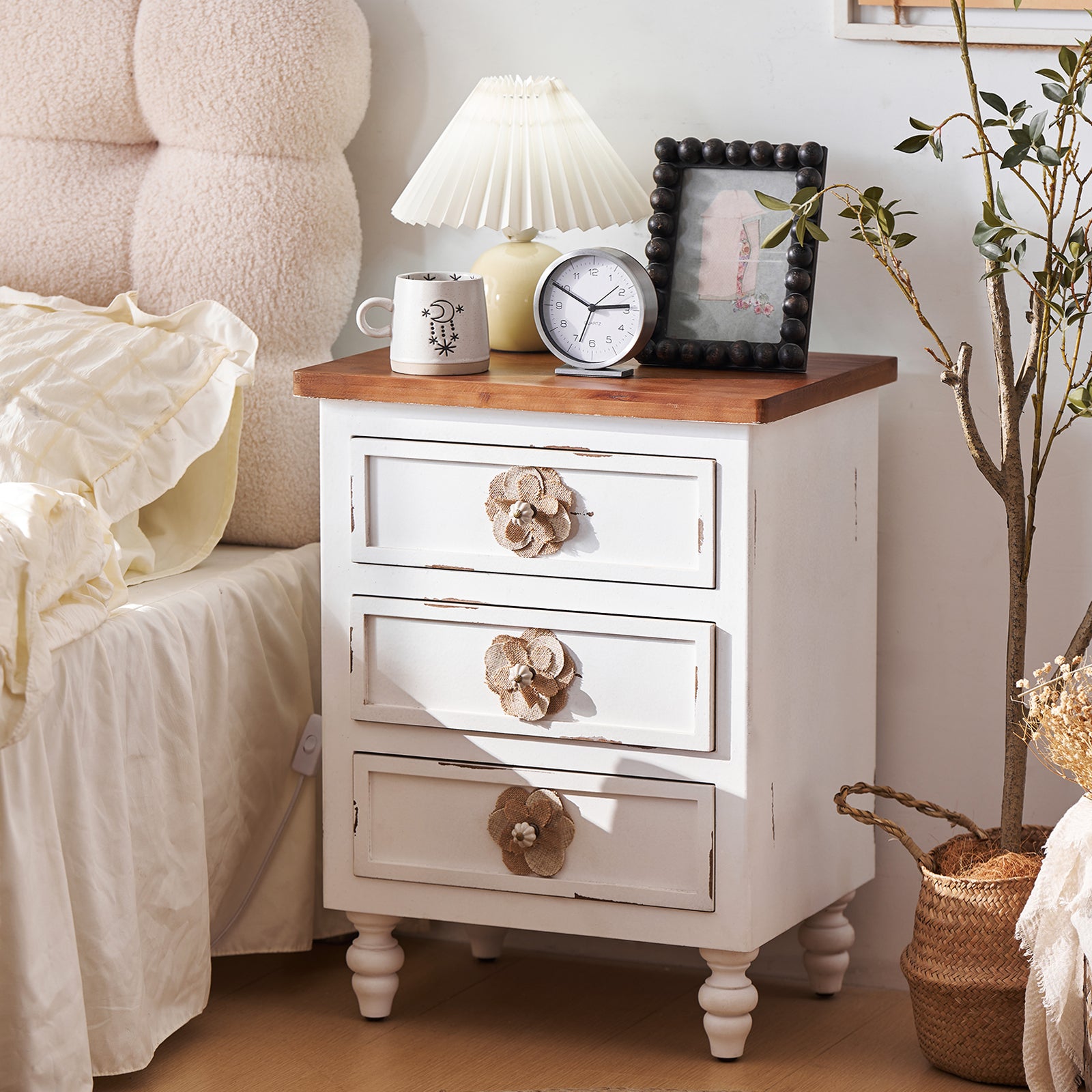 Vintage Farmhouse End Table with Floral Knobs – 19' Rustic Nightstand with 3 Drawers & Gourd Legs,Bedside or Sofa Accent Table, Almost Fully Assembled, Distressed White - Grand Goldman Shop