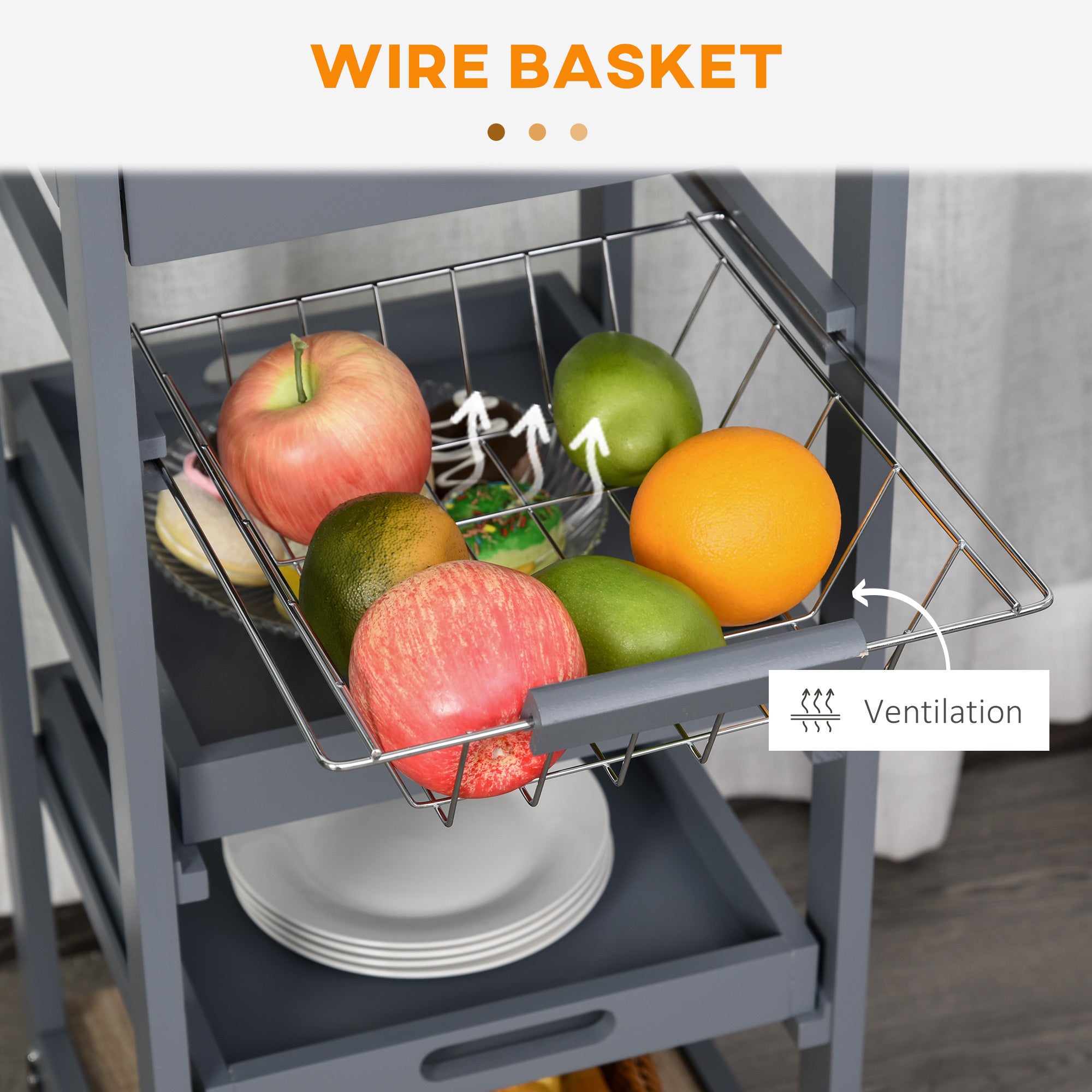 Mobile Rolling Kitchen Island Trolley Serving Cart with Underneath Drawer & Slide-Out Wire Storage Basket, Grey - Grand Goldman Shop
