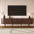 Mid Century Modern TV Stand for 70-Inch TV, Dark Brown MDF & Solid Wood Console with Tambour Doors, Drawers and Built-in Power Outlet - Grand Goldman Shop