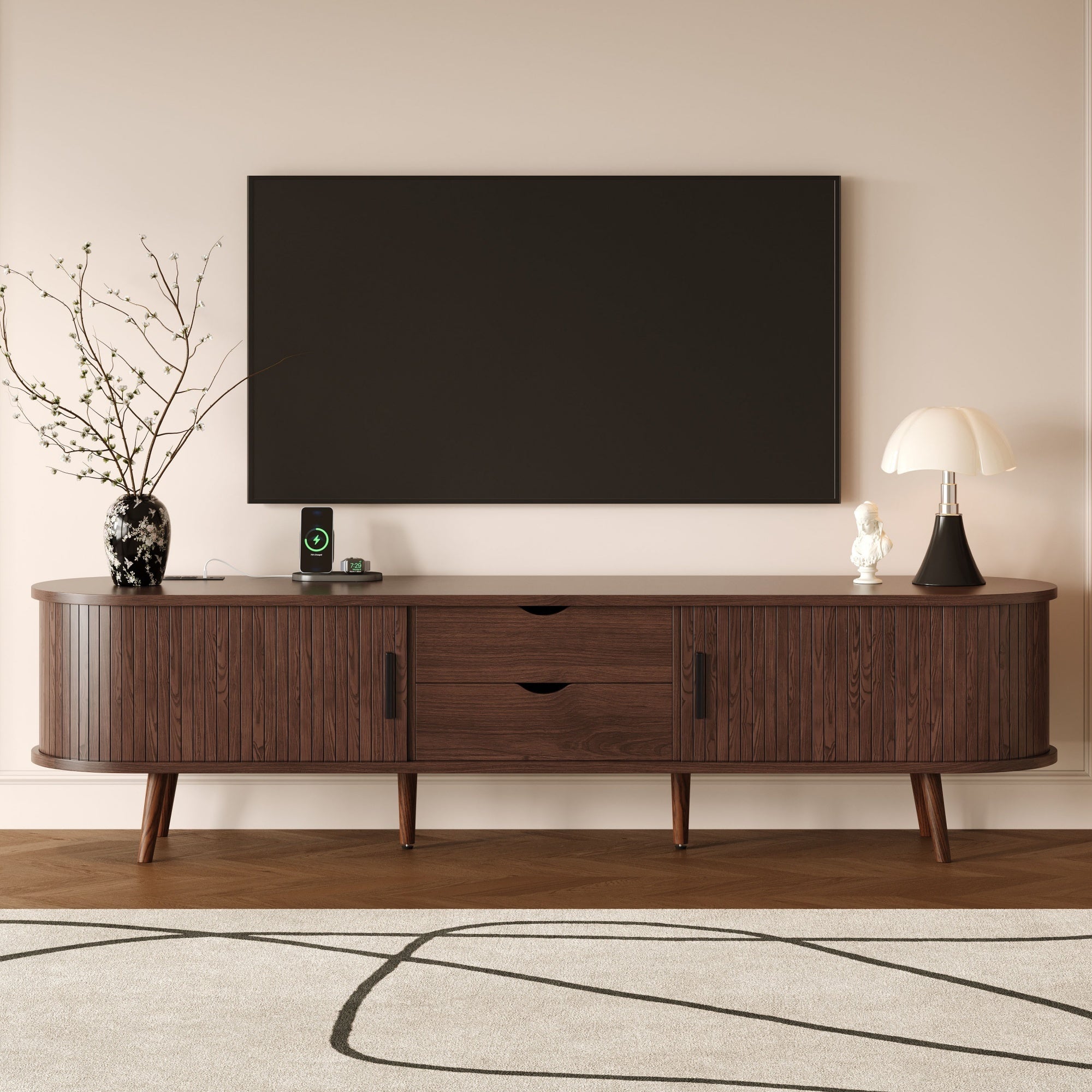 Mid Century Modern TV Stand for 70-Inch TV, Dark Brown MDF & Solid Wood Console with Tambour Doors, Drawers and Built-in Power Outlet - Grand Goldman Shop