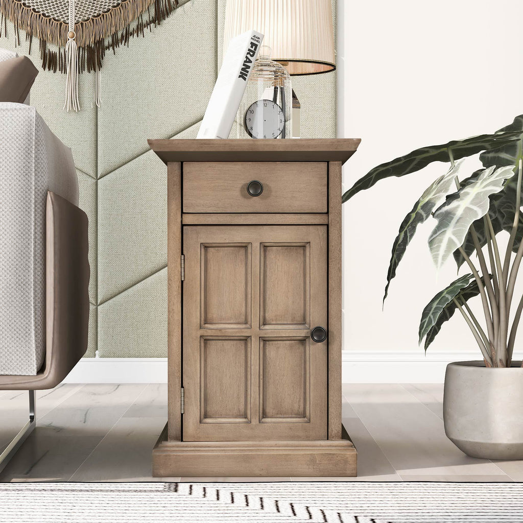 U-Can Classic Vintage Livingroom End Table Side Table with USB Ports and One Multifunctional Drawer with cup holders, Antique Brown (Old SKU: WF296294AAD) - Grand Goldman Shop