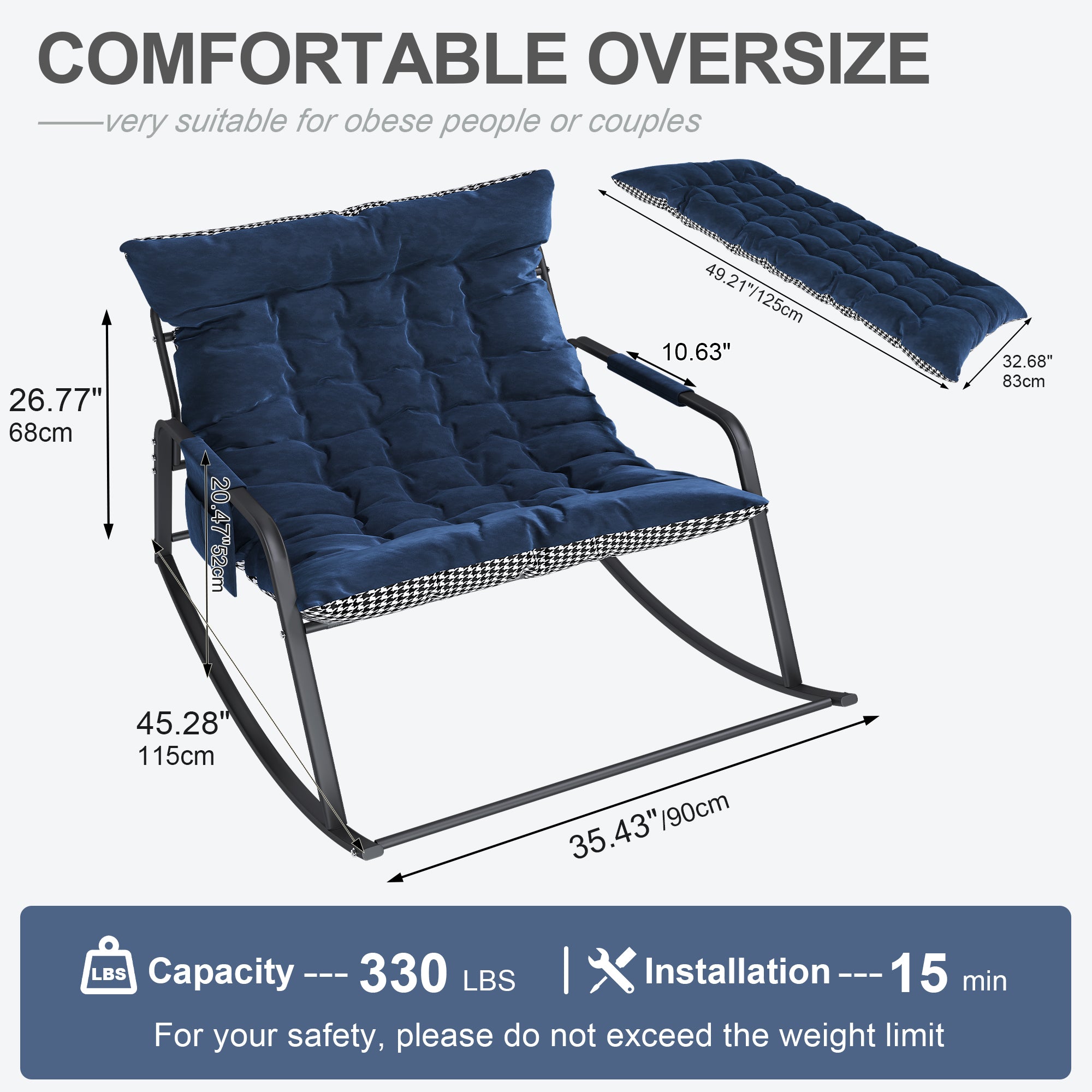 Blue Rocking Chair with Storage, Cushions & Armrests, All-Season Comfort Lounge Recliner, Breathable Ergonomic Lounge Chair for Bedroom, Living Room, Patio, Garden - Grand Goldman Shop