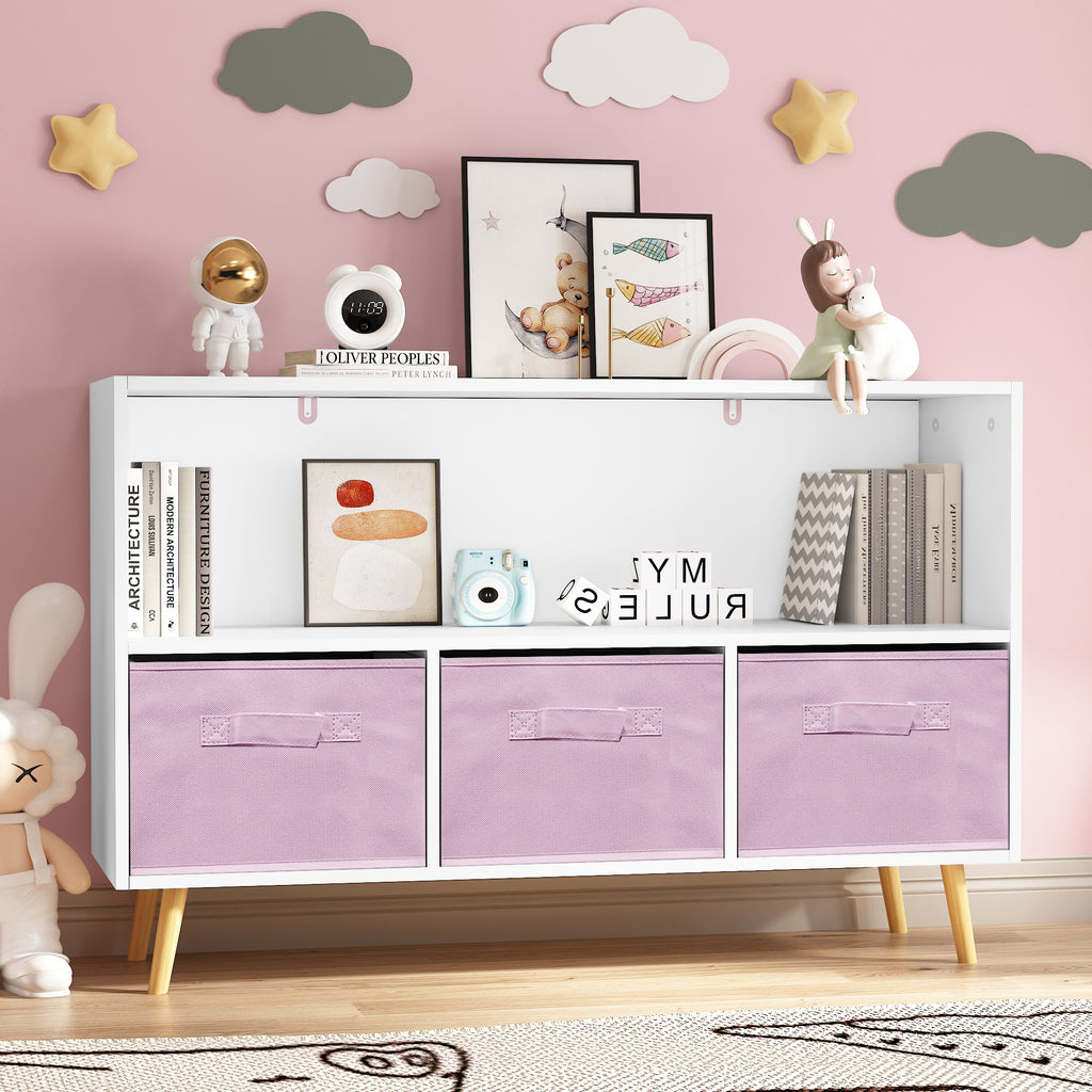 Modern Kids Bookcase with Collapsible Fabric Drawers, Children's Book Display & Toy Storage, White/Pink MDF & Pine Legs | Pre