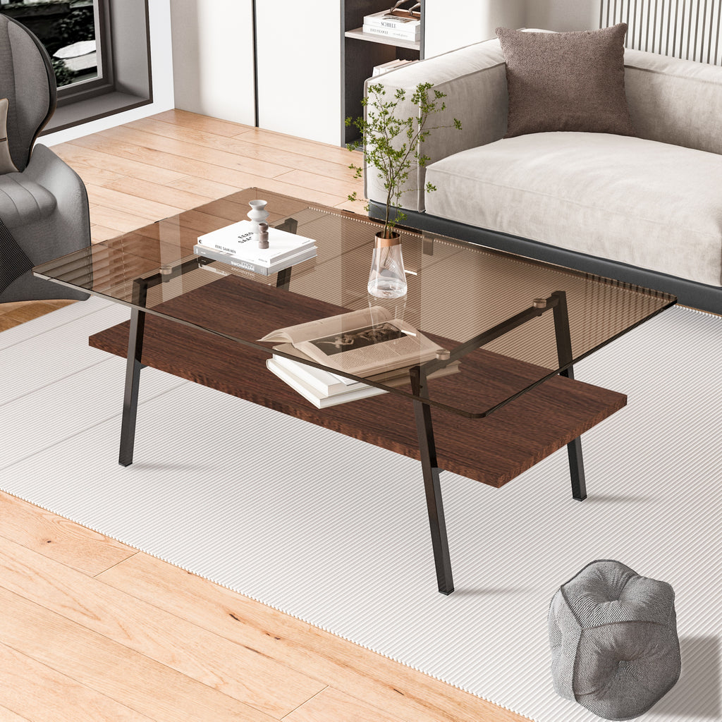 Modern Rectangular Coffee Table with Tempered Brown Glass Top and MDF Layer – Table for Living Room - Grand Goldman Shop