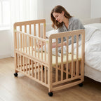 Portable Pine Wood Bedside Bassinet with 3 Heights, Natural Wood Mini Crib for Newborns 0-36 Months, Space-Saving Design | Pr