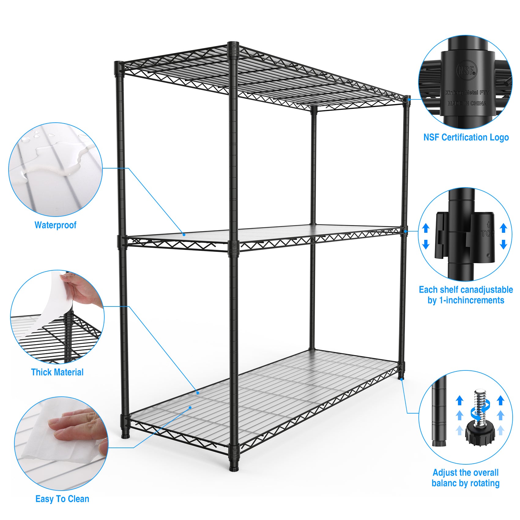 3 Tier Wire Shelving Unit, 1050 LBS NSF Height Adjustable Metal Garage Storage Shelves, Heavy Duty Storage Wire Rack Metal Shelves - Black - Grand Goldman Shop