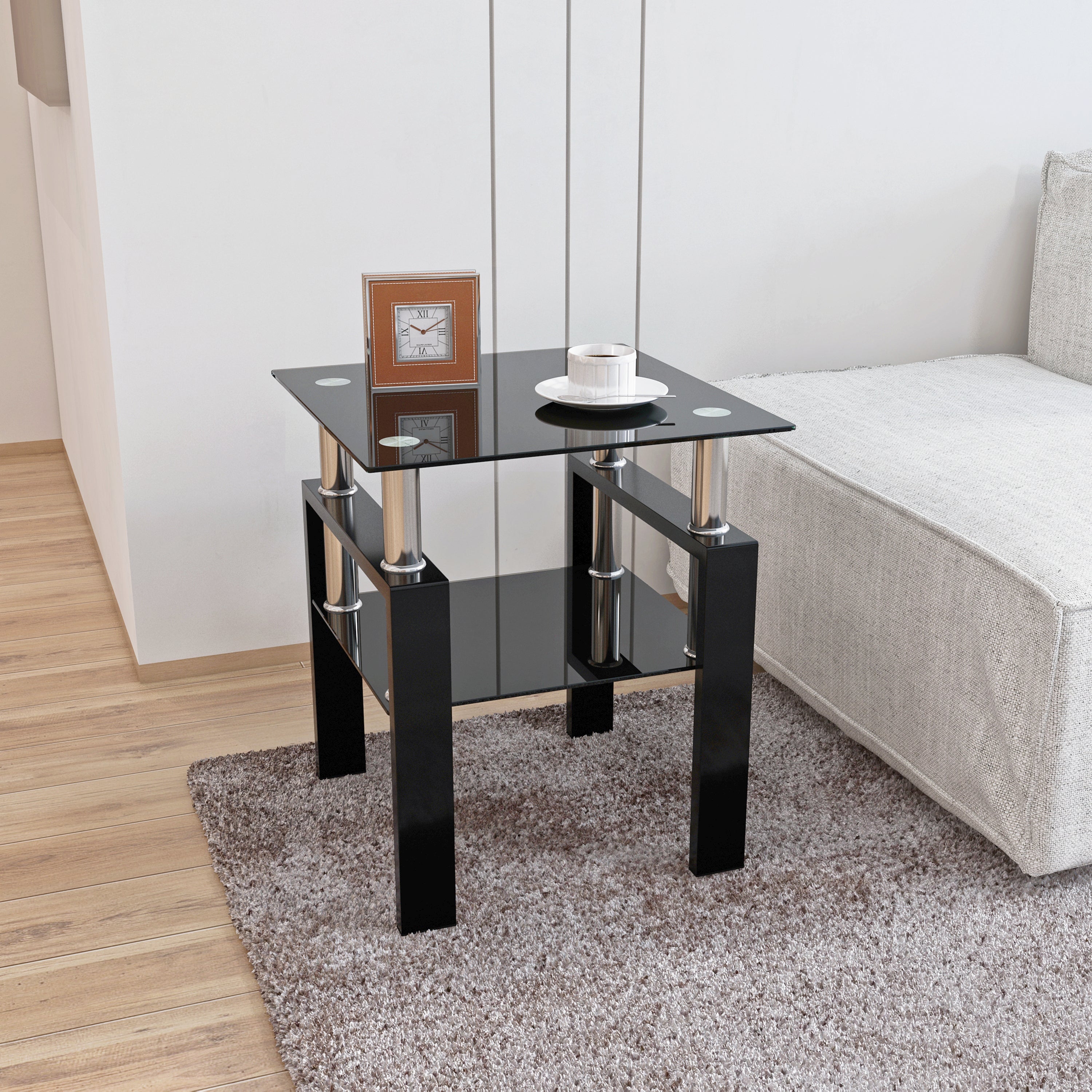 Modern Tempered Glass Tea Table Coffee Table End Table, Black, Square, 1-Piece for Living Room - Grand Goldman Shop