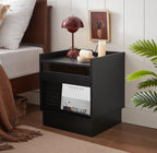 Mid Century Modern Nightstand with Charging Station and LED lights, Night Stand with 2 Drawers, Bedside Tables/End Table for Bedroom or Living Room, Black - Grand Goldman Shop