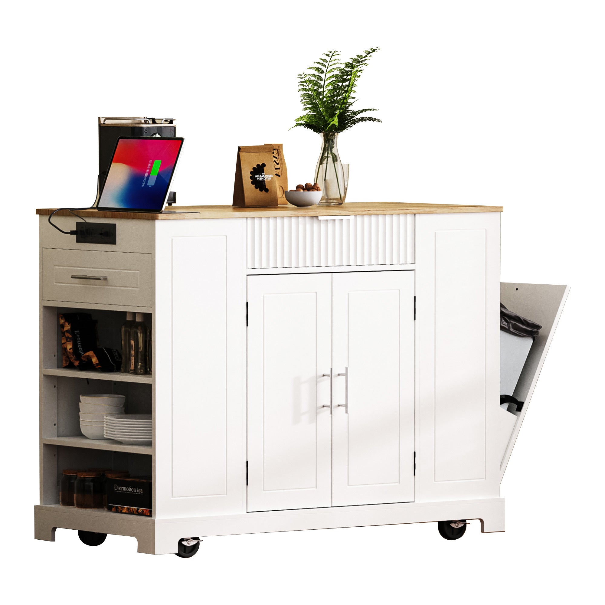 K&K Fluted Kitchen Island with Trash Can Storage Cabinet, Power Outlet, Internal Storage Rack, Rolling Kitchen Islands on 5 Wheels with 3 Drawer, 3 Open Side Racks for 10 Gallon Garbage Bin, White - Grand Goldman Shop