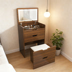 3-in-1 Vanity Desk with Flip Top Lighted Mirror & Storage Stool, Compact Makeup Dressing Table in Walnut Finish, 23.62L - Grand Goldman Shop
