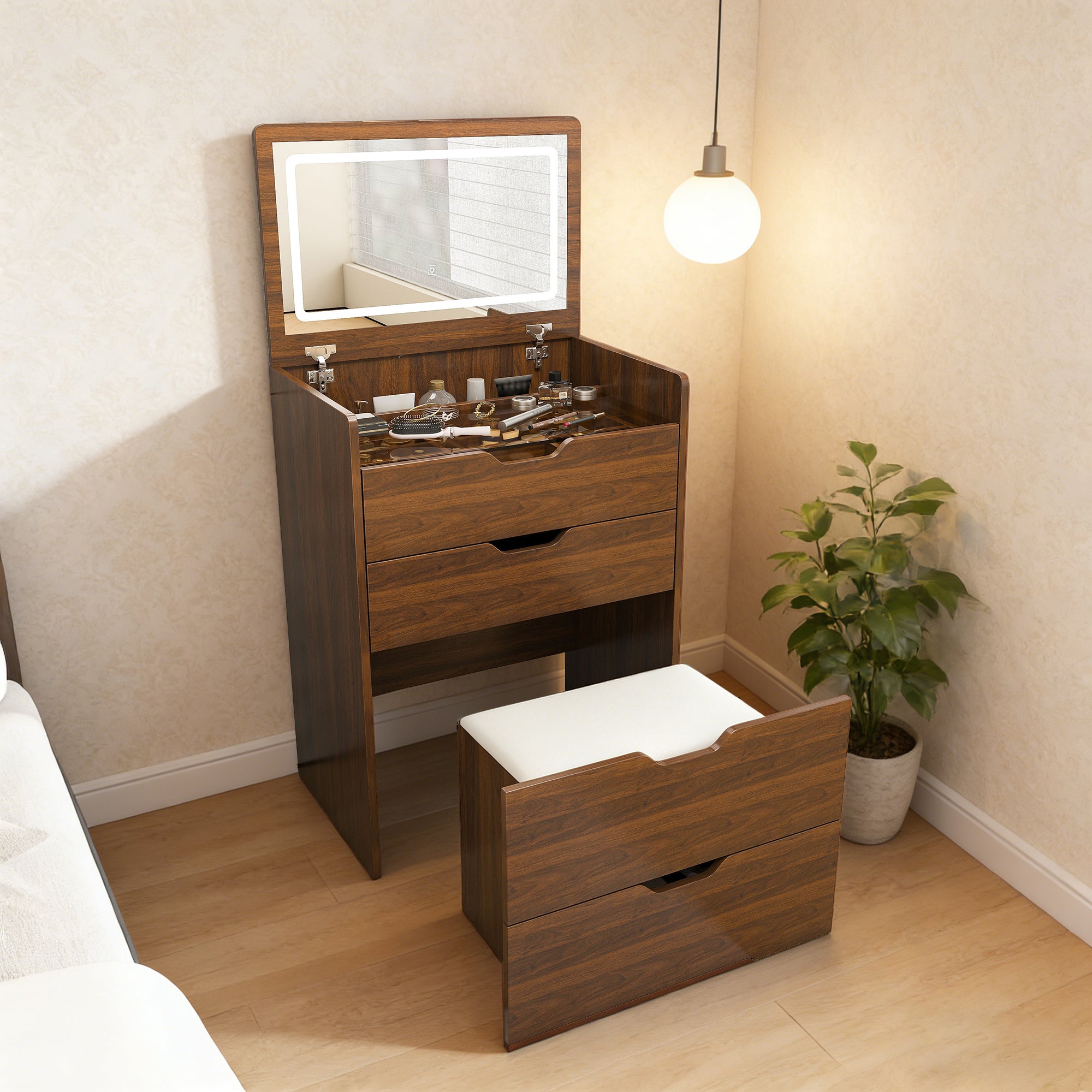 3-in-1 Vanity Desk with Flip Top Lighted Mirror & Storage Stool, Compact Makeup Dressing Table in Walnut Finish, 23.62L - Grand Goldman Shop