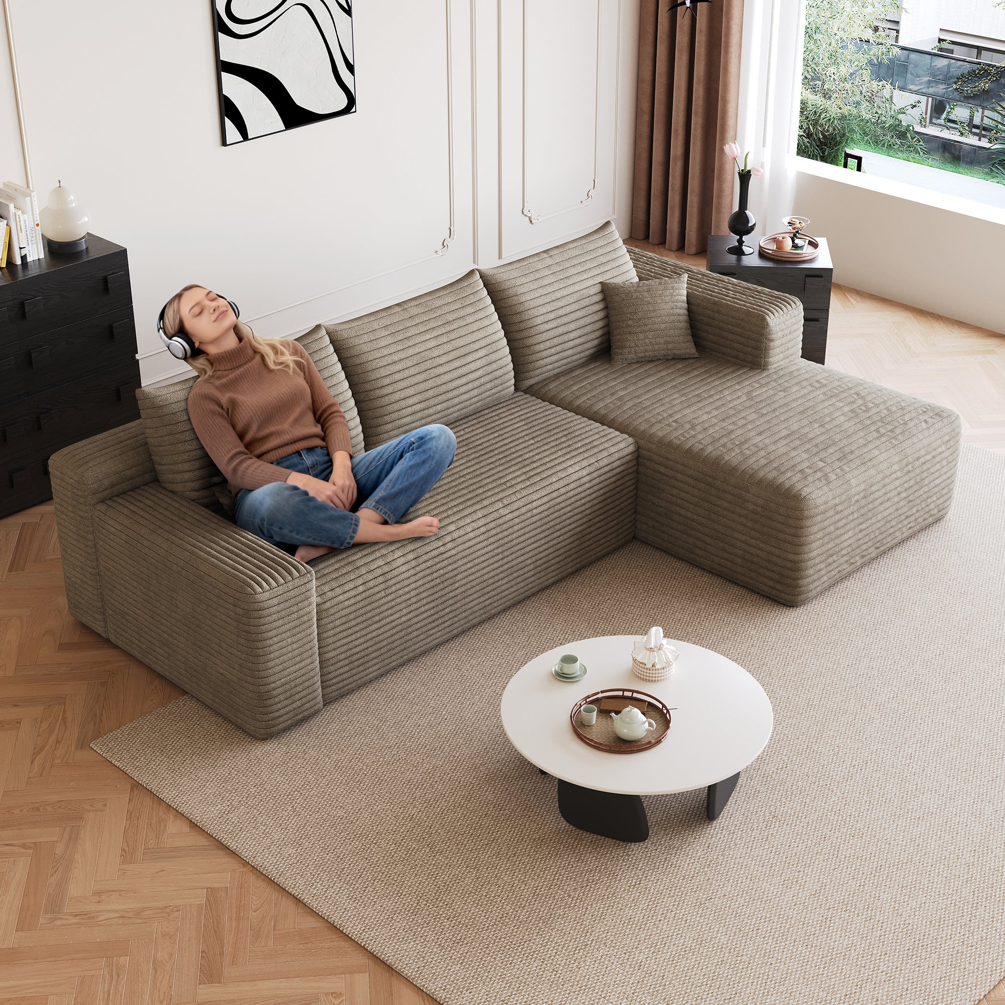 95' Cloud Sectional Sofa,Modern Minimalist Upholstered Couches, Comfort U Shaped Sofa for Living Room,Deep Seat Corner Couch,No Assembly Required,Camel( (Plush Corduroy Fabric) - Grand Goldman Shop