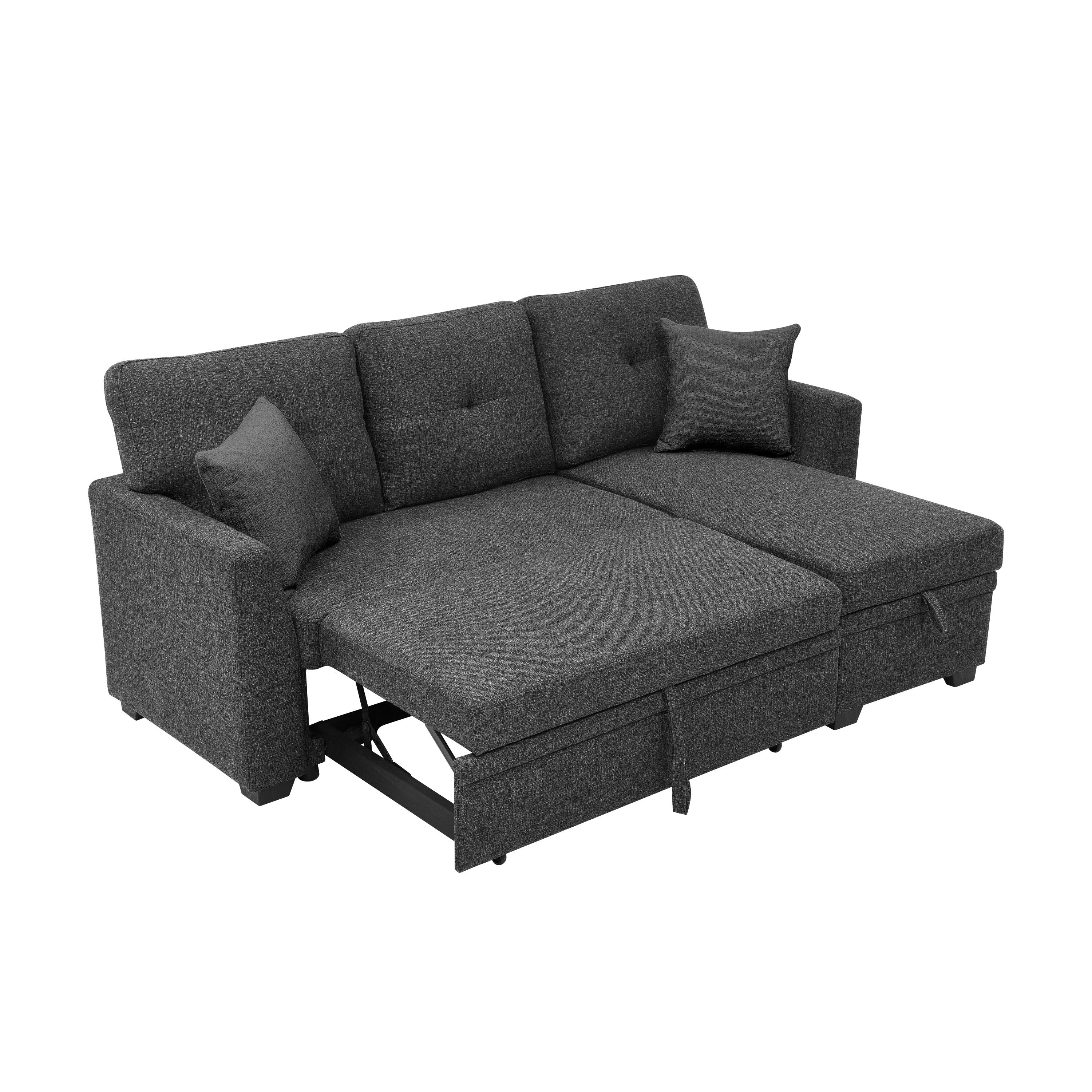 76.5' Linen Blend Upholstered Sectional with Pull-Out Bed and Chaise Storage - Grand Goldman Shop