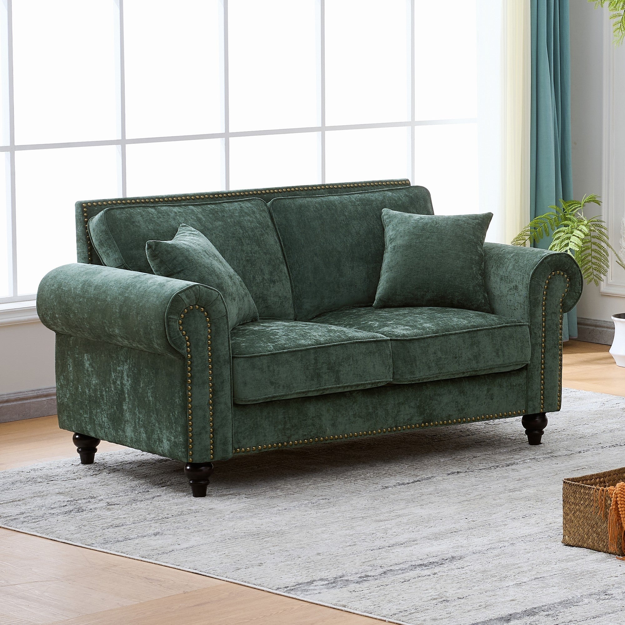 Modern 2-Seater Sofa with Rolled Arms, Tufted Upholstery, Wood Legs, Nailhead Trim, Beige Fabric, 63' - Grand Goldman Shop